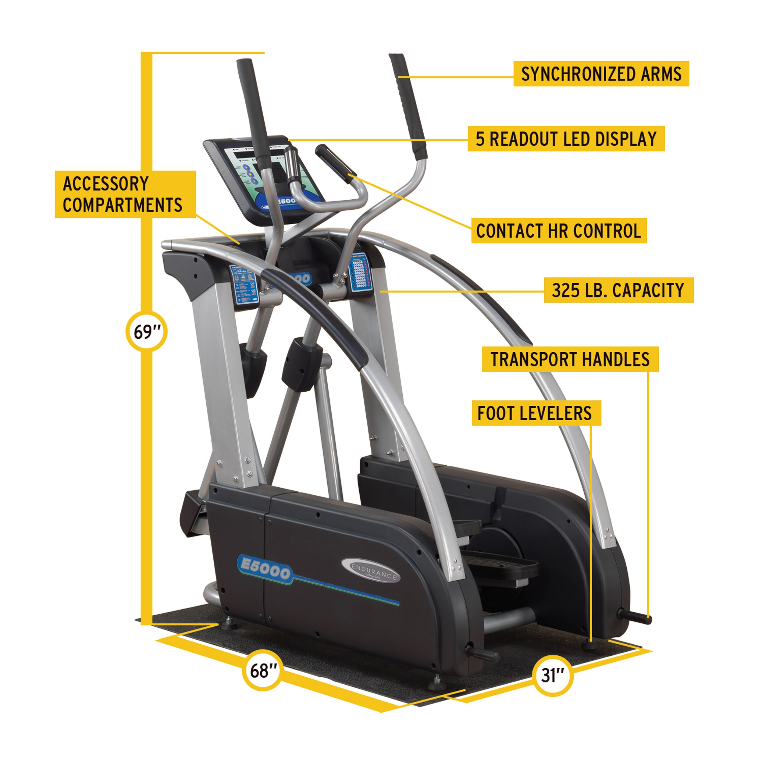 Body-Solid Endurance E5000 elliptical trainer feature diagram showing dimensions console heart rate handles and capacity