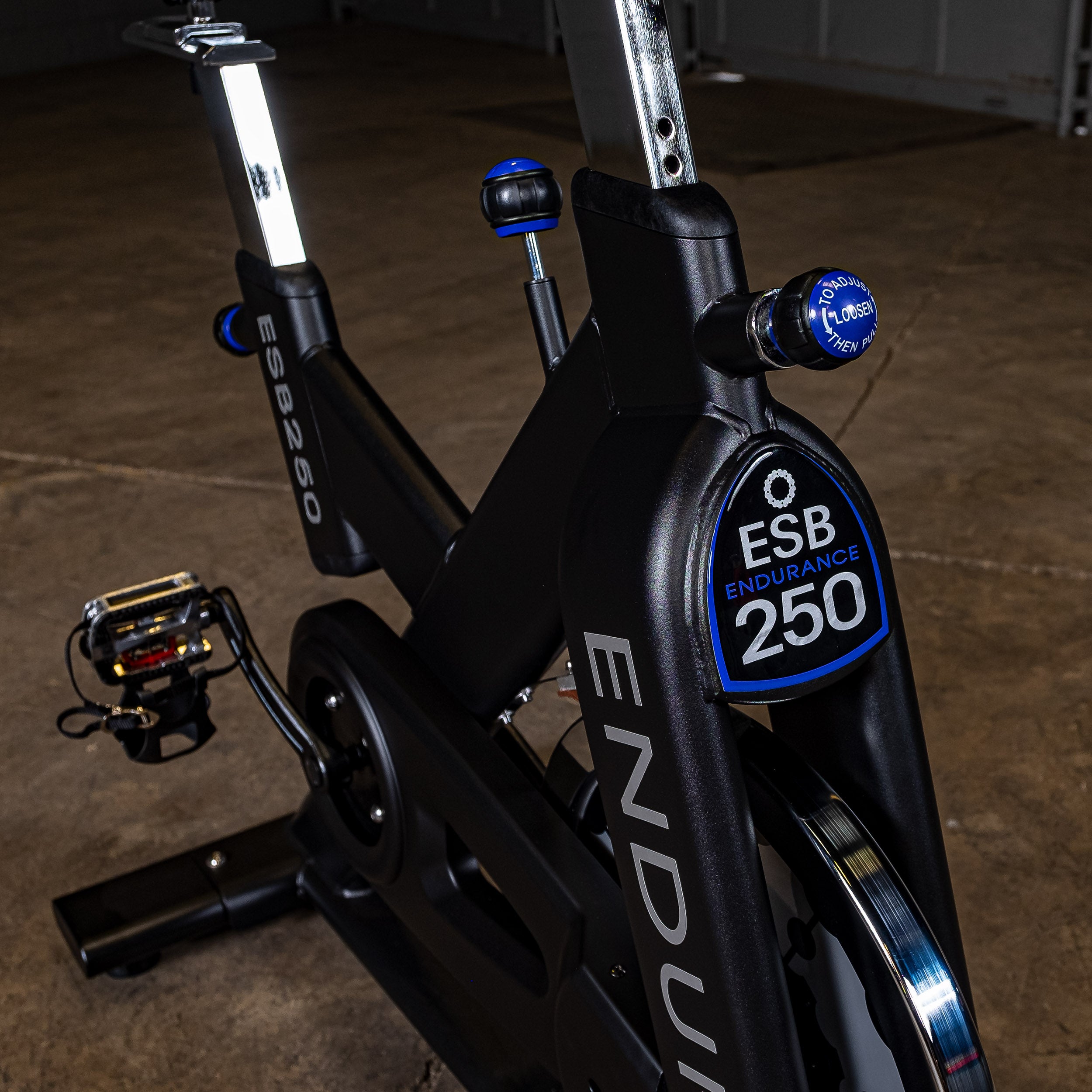 Close-up of the Body-Solid Endurance ESB250 indoor training cycle showing the frame, friction resistance adjustment knob, flywheel, and adjustable seat post