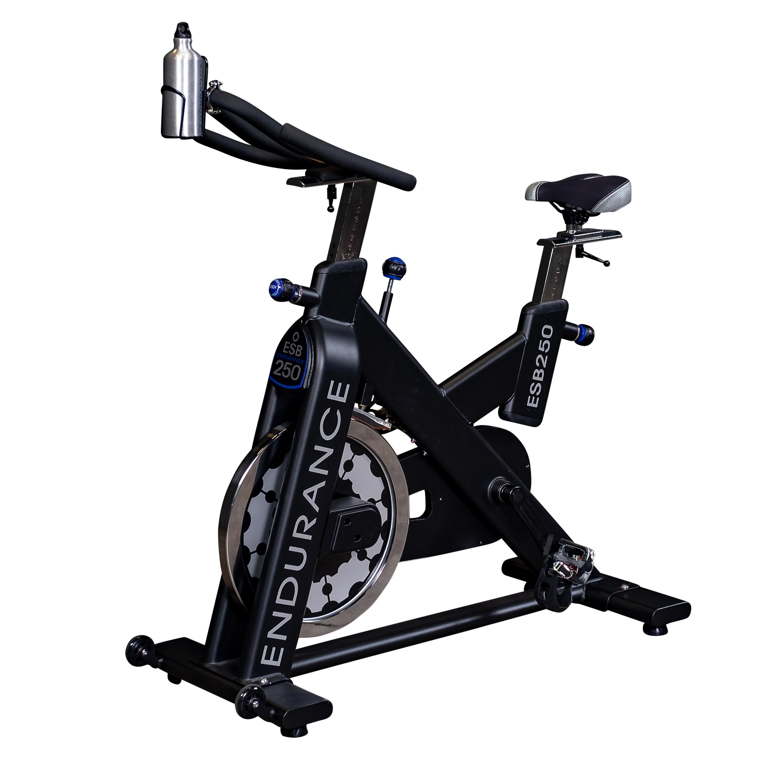 Body-Solid Endurance ESB250 indoor training cycle with adjustable handlebars and seat, 44 lb flywheel, water bottle holder, and transport wheels