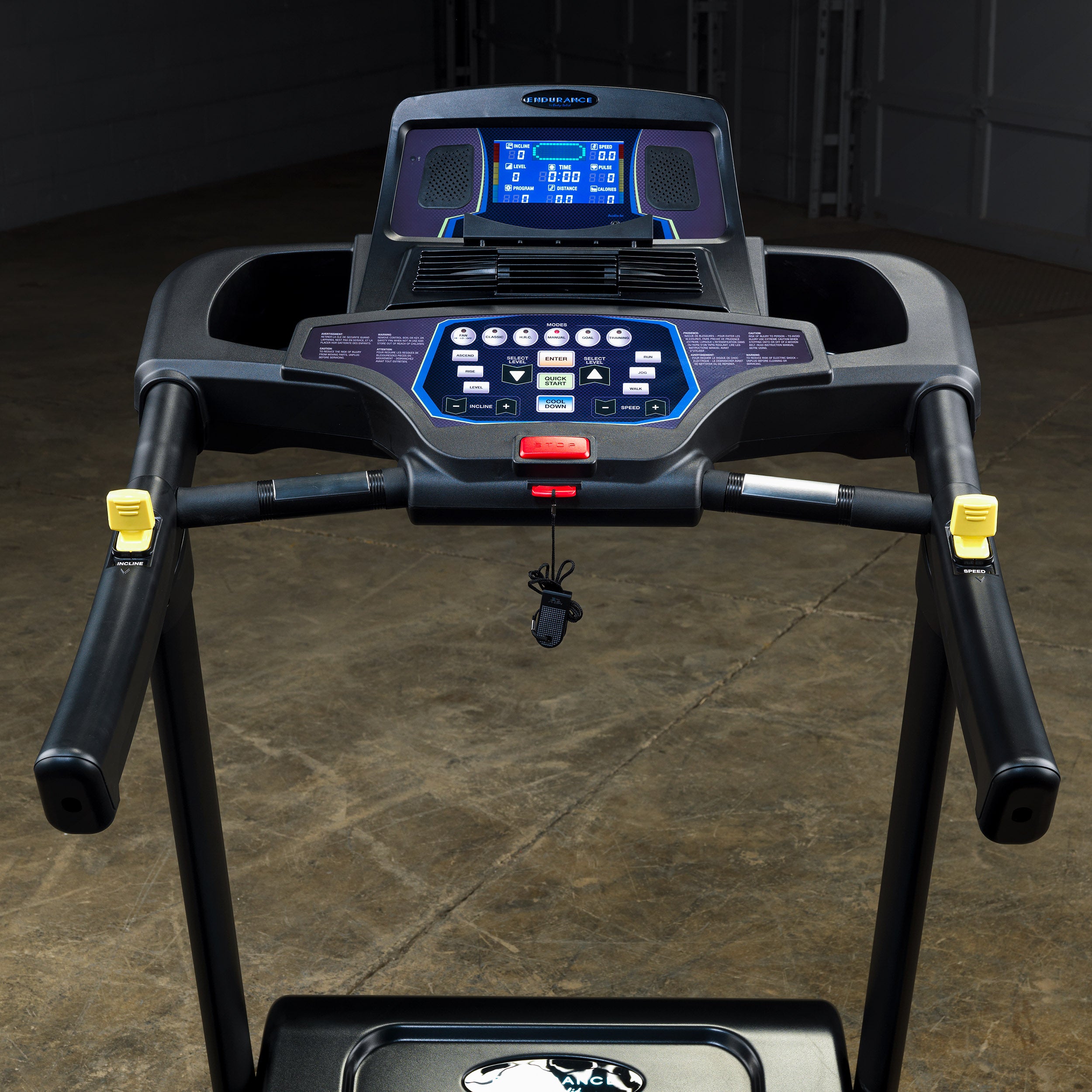 Front view of Body-Solid Endurance T150 treadmill console with LED display and control panel