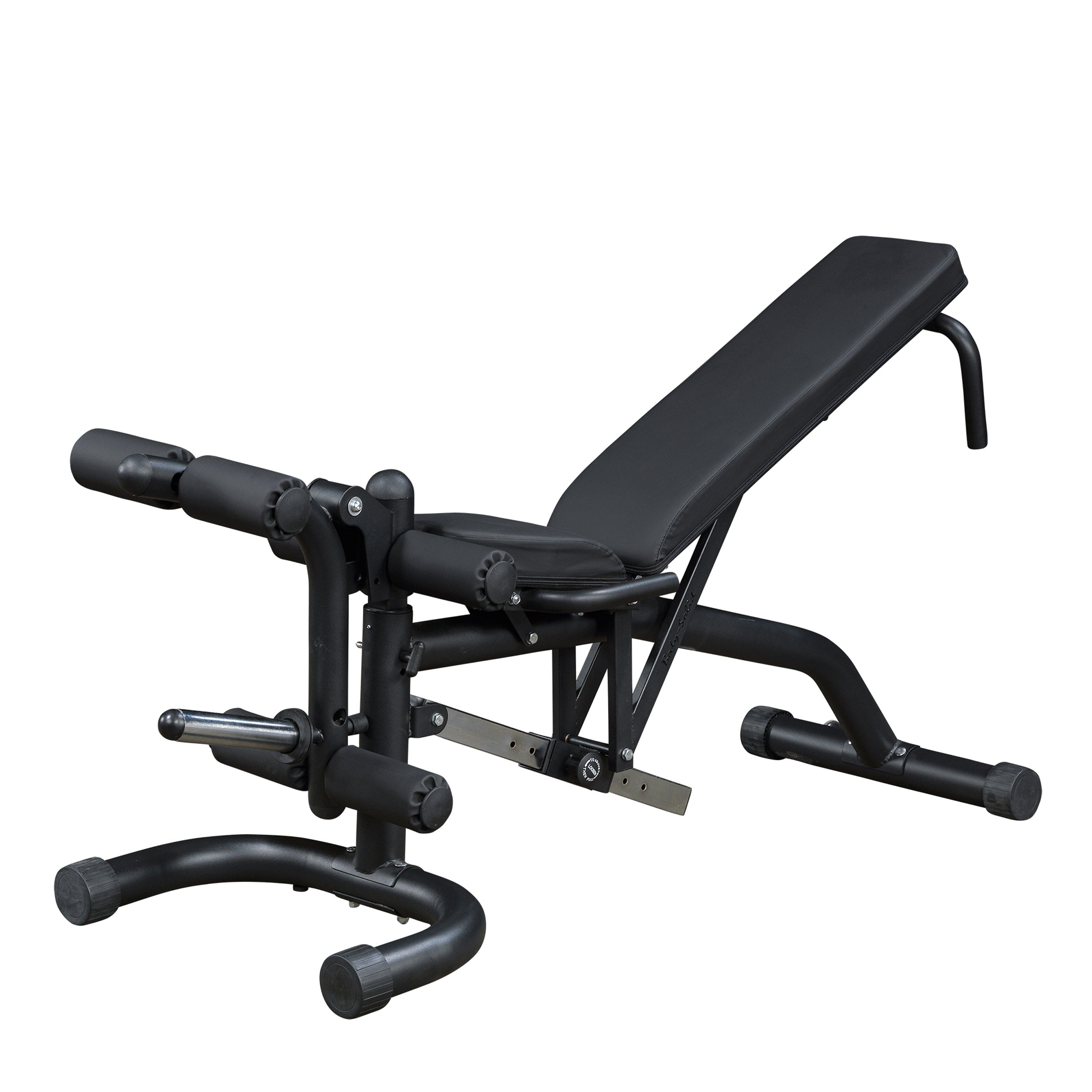 Body-Solid FID46 leverage flat incline decline bench with integrated leg developer shown in incline position on a white background