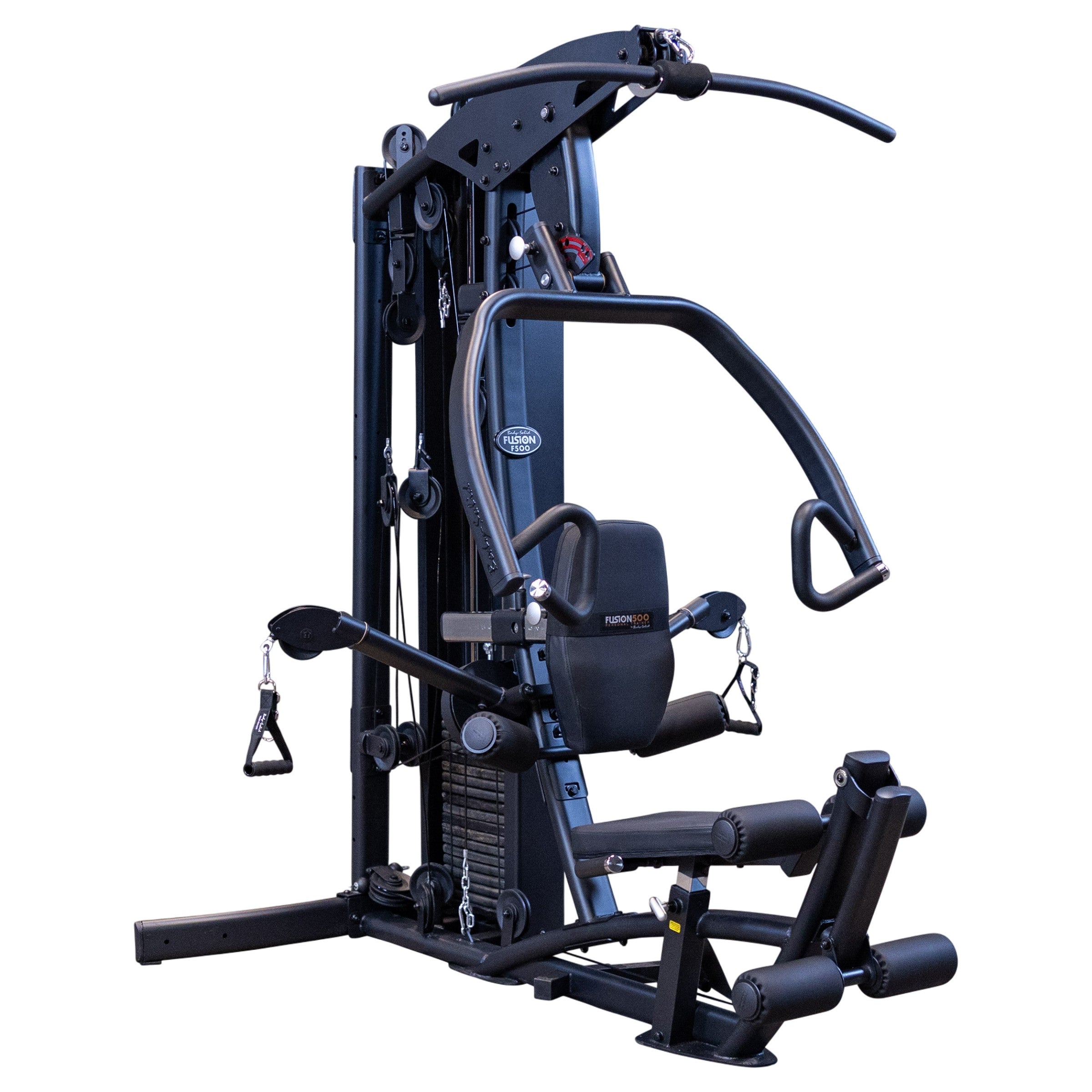 Left front view of the Body-Solid Fusion 500B Personal Trainer all-in-one home gym with articulating press arms, lat pulldown bar, adjustable seat, and integrated weight stack