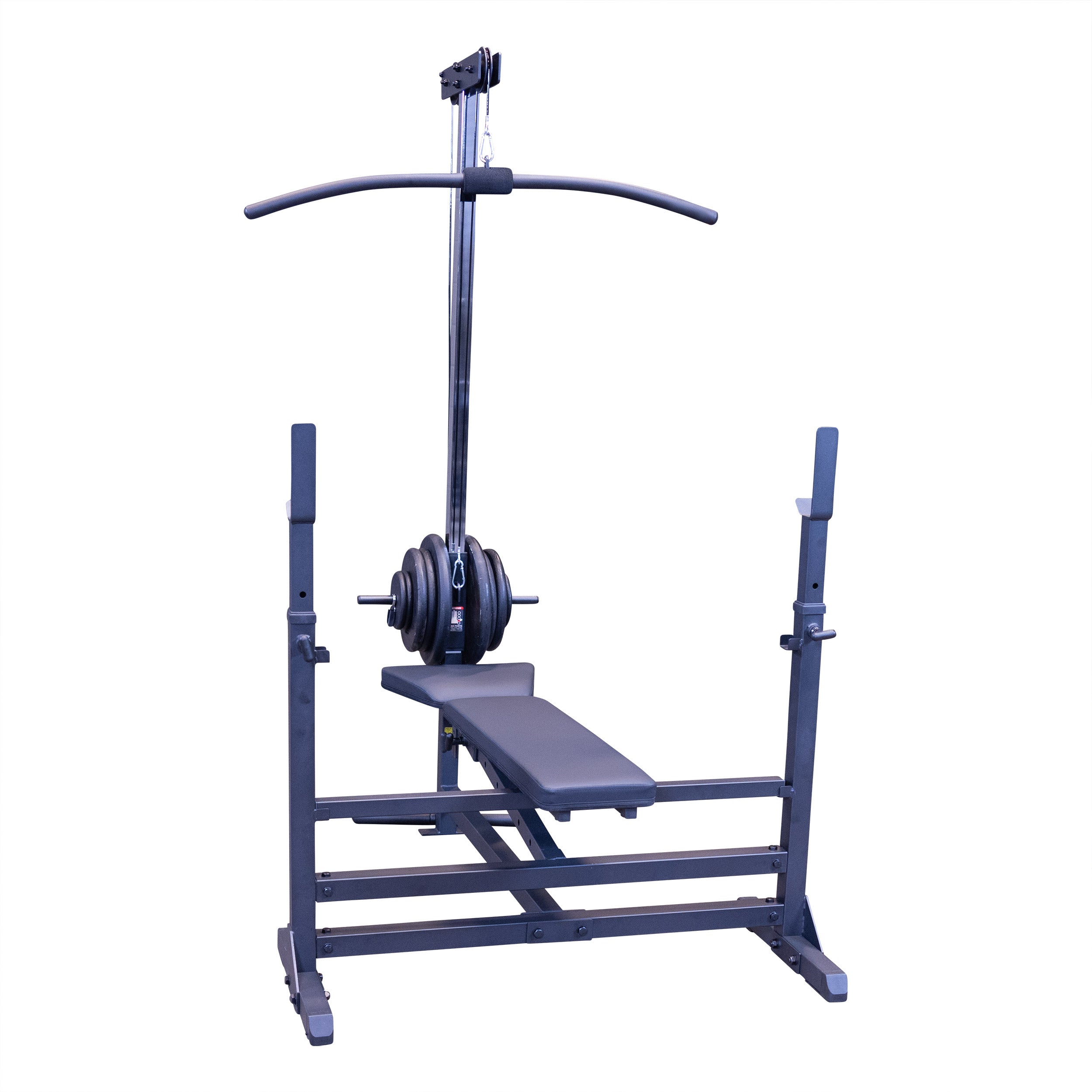 Body-Solid GDIB46LP4 PowerCenter Combo Bench Package with lat pulldown attachment and weight plates loaded