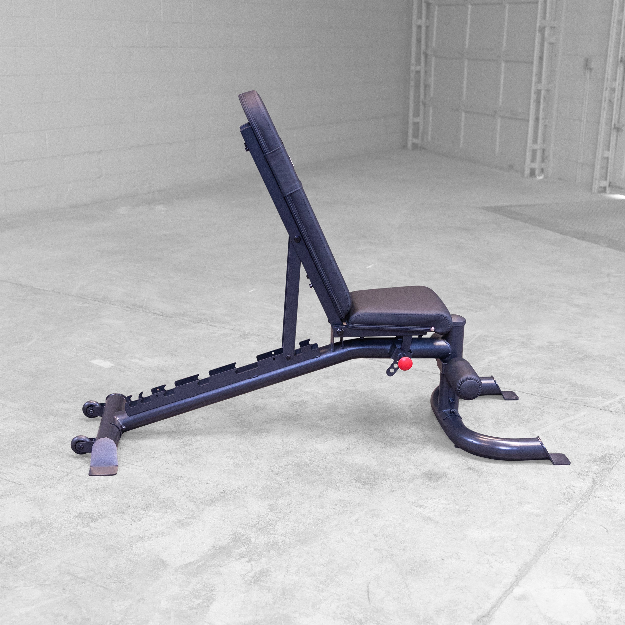 Body Solid GFID100B adjustable weight bench shown in upright position for home gym strength training