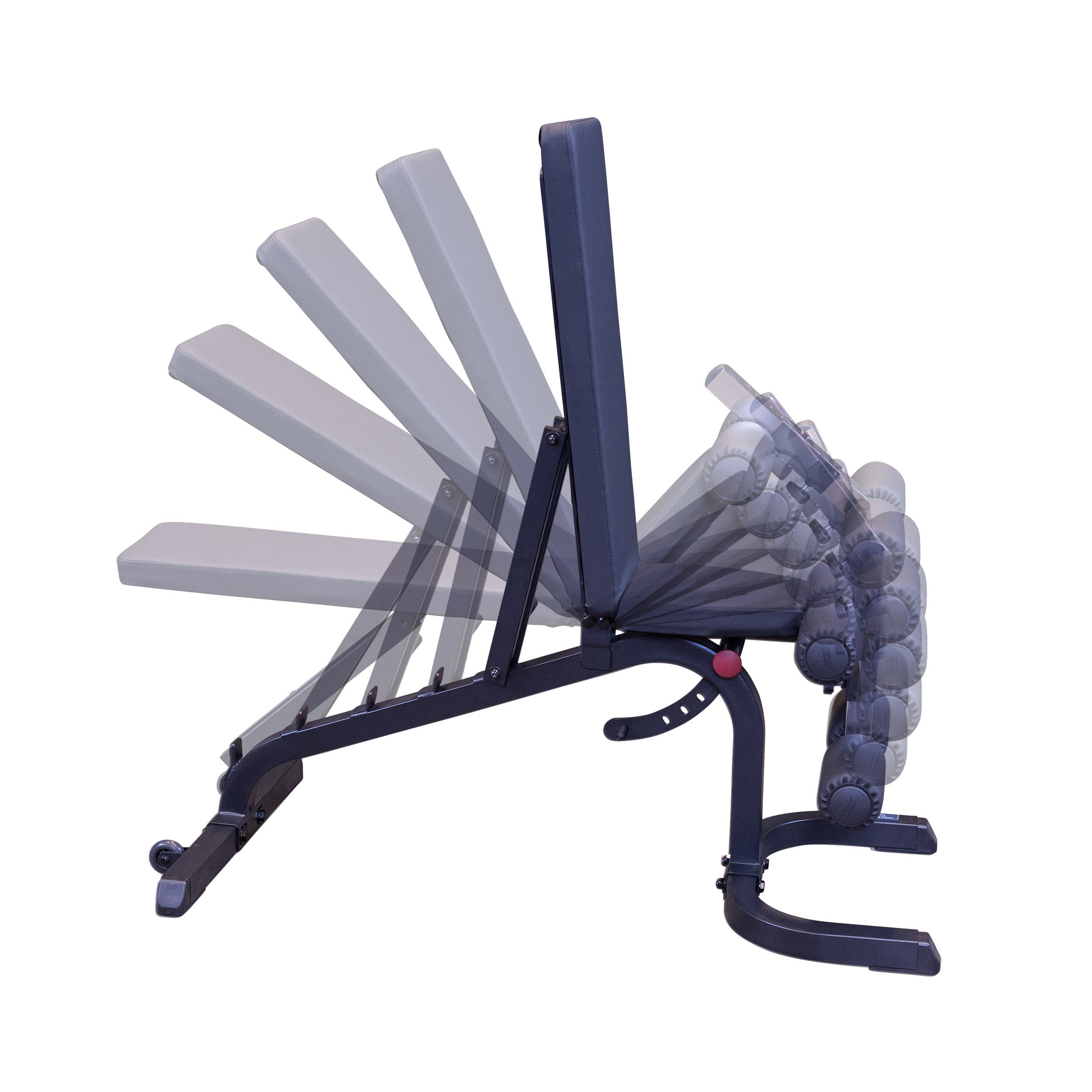 Body-Solid GFID31B flat incline decline adjustable weight bench showing adjustment range from decline to upright incline
