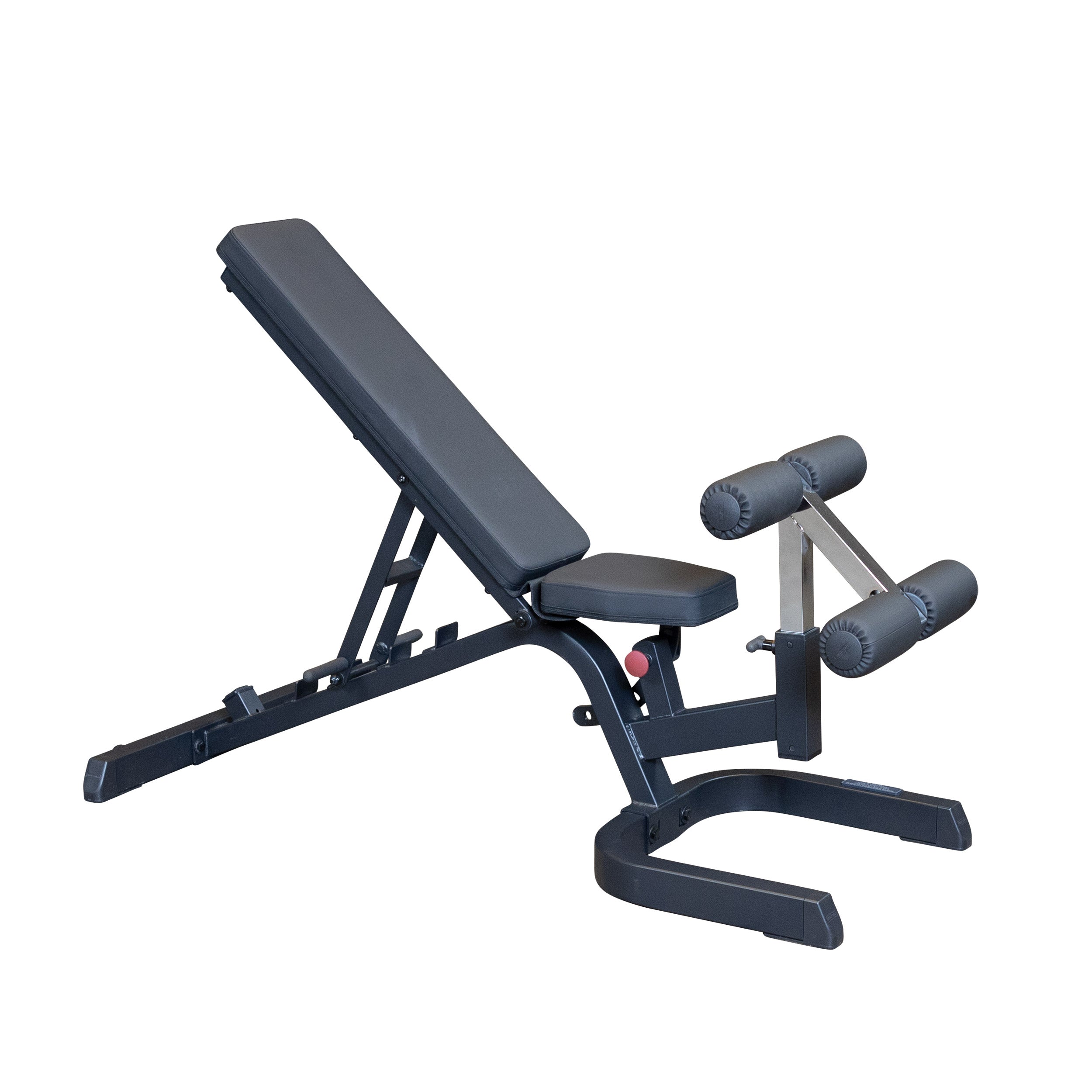 Body-Solid GFID71B Heavy Duty Flat Incline Decline Bench shown in an incline position with integrated leg hold-down attachment and commercial-grade steel frame