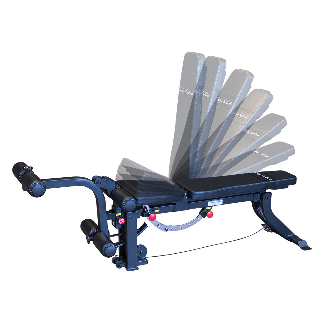 Body-Solid GLEG leg extension curl bench illustrating multiple adjustable back pad positions from flat to upright for versatile strength training exercises
