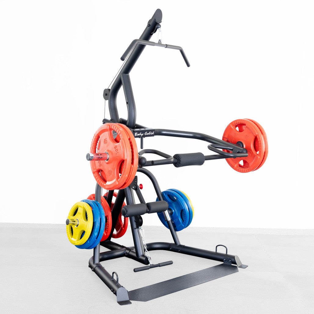 Body-Solid GLGS100B Corner Leverage Gym loaded with Olympic weight plates