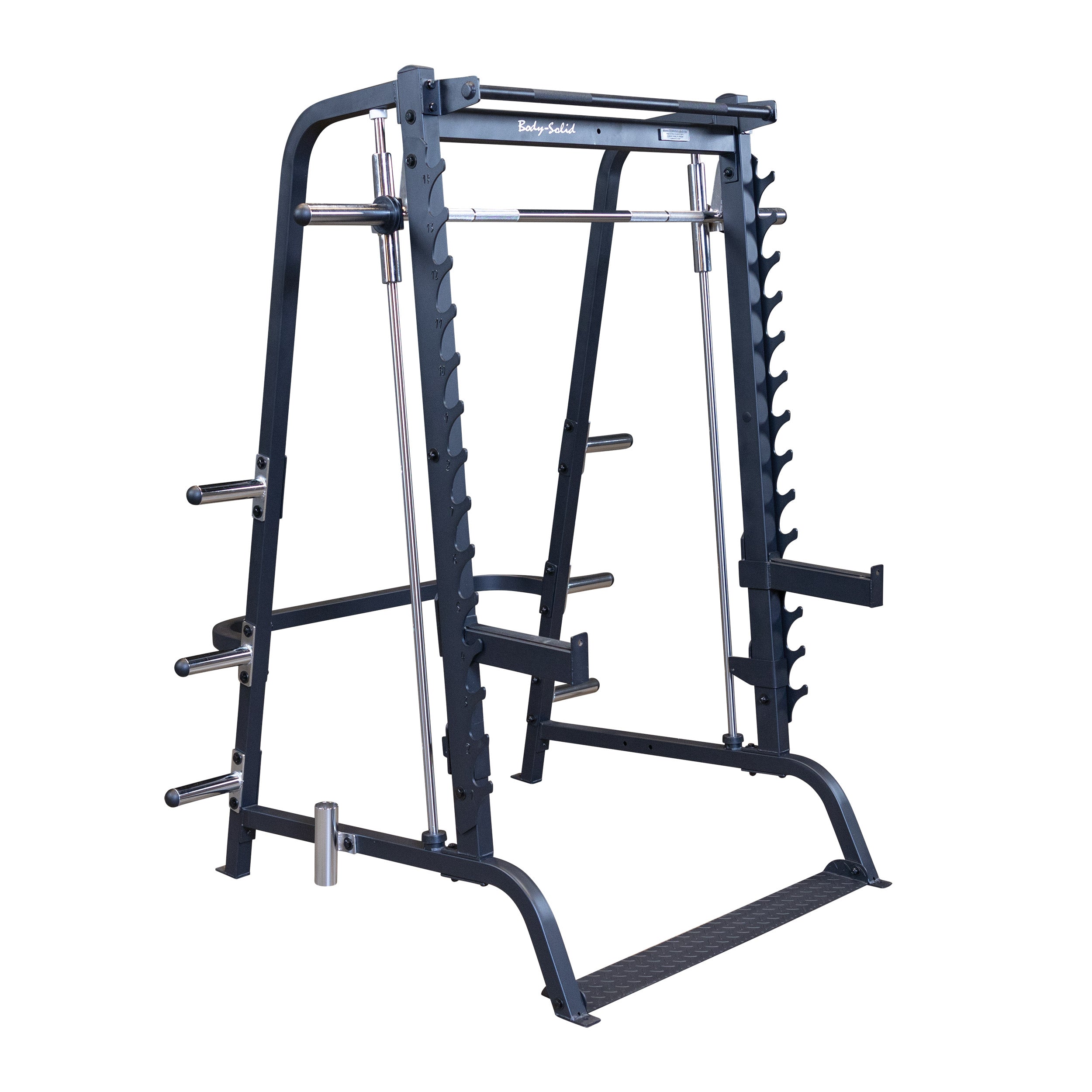 Body-Solid GS348B Series 7 Smith Machine shown from the left-front with angled Smith bar, half rack, plate storage, and pull-up bar