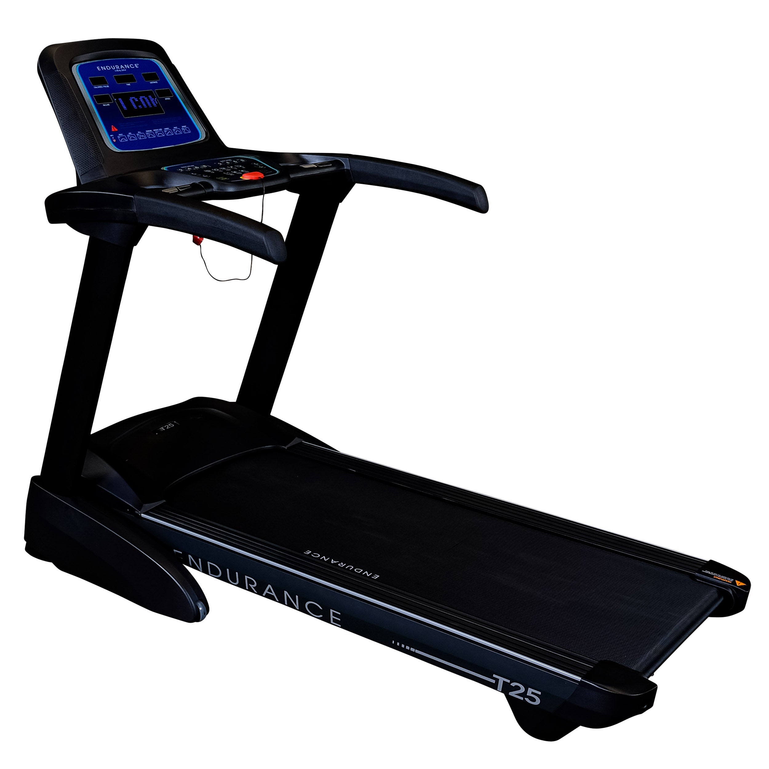 Body-Solid Endurance T25 folding treadmill front angle view with LED console and running deck