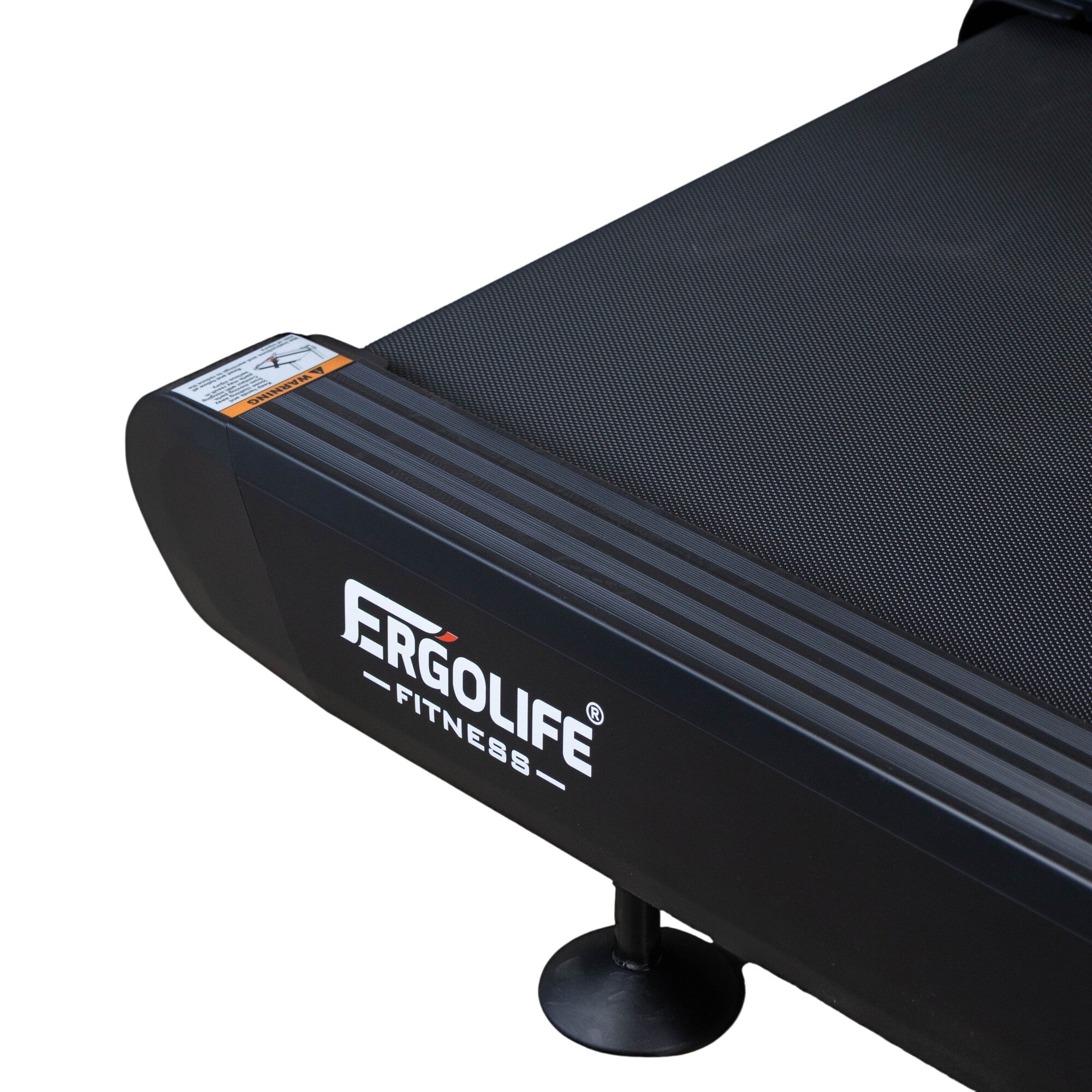 Close-up of the ERGOLIFE 102 treadmill running deck with textured belt, non-slip side rails, and sturdy frame construction