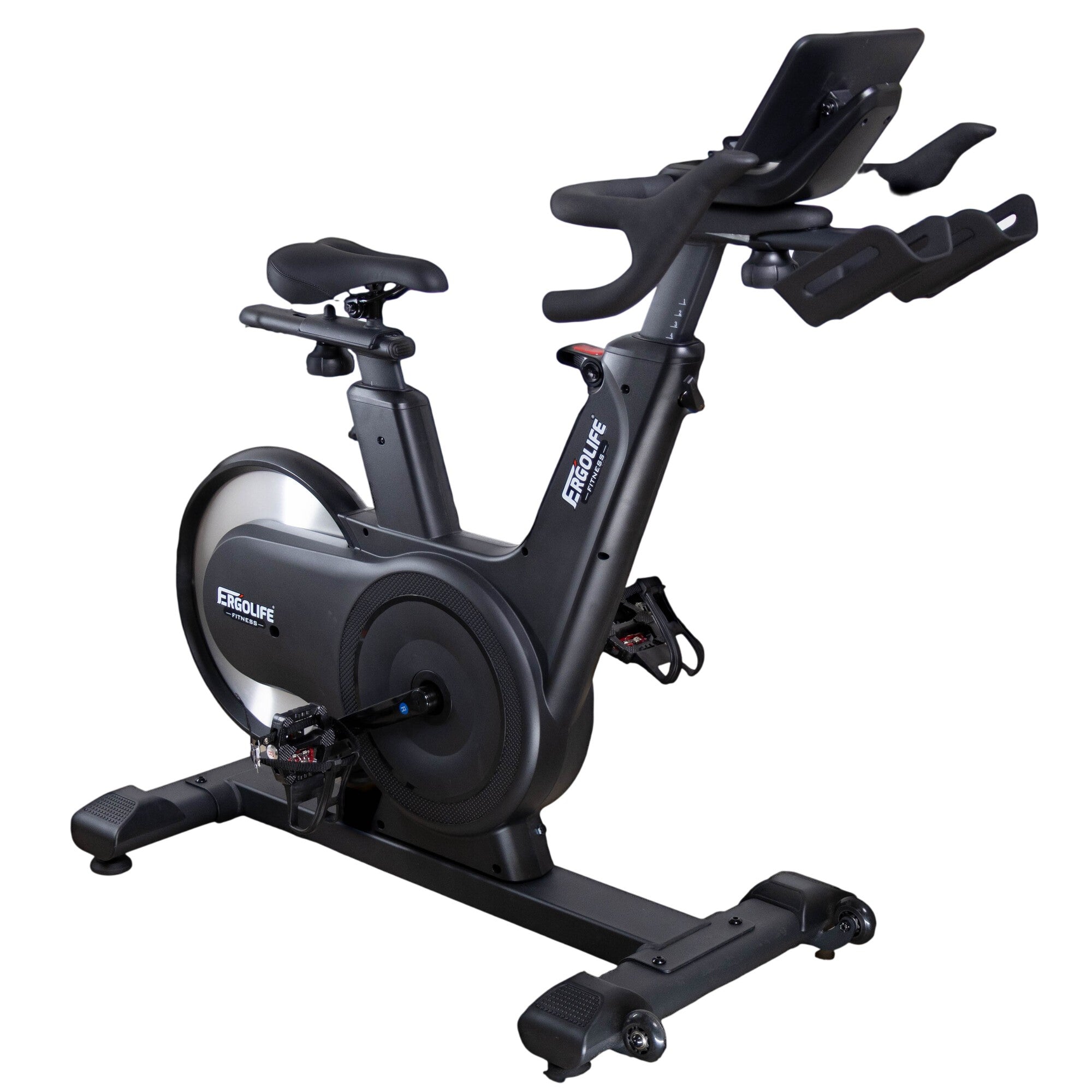 ERGOLIFE 306EFA indoor spin bike with magnetic resistance, Bluetooth connectivity, adjustable seat and handlebars, and integrated tablet holder