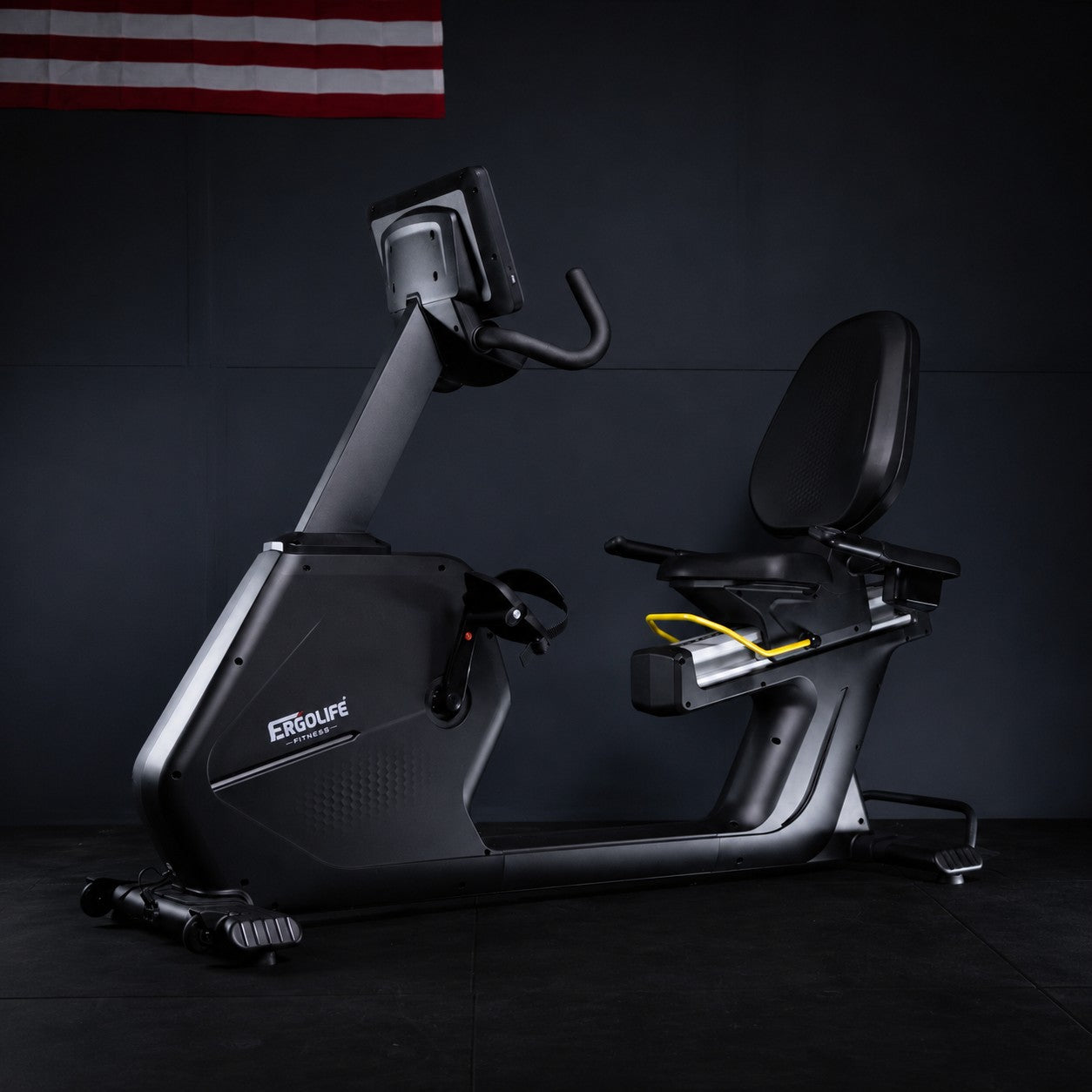 ERGOLIFE BR201E recumbent exercise bike in a modern gym setting