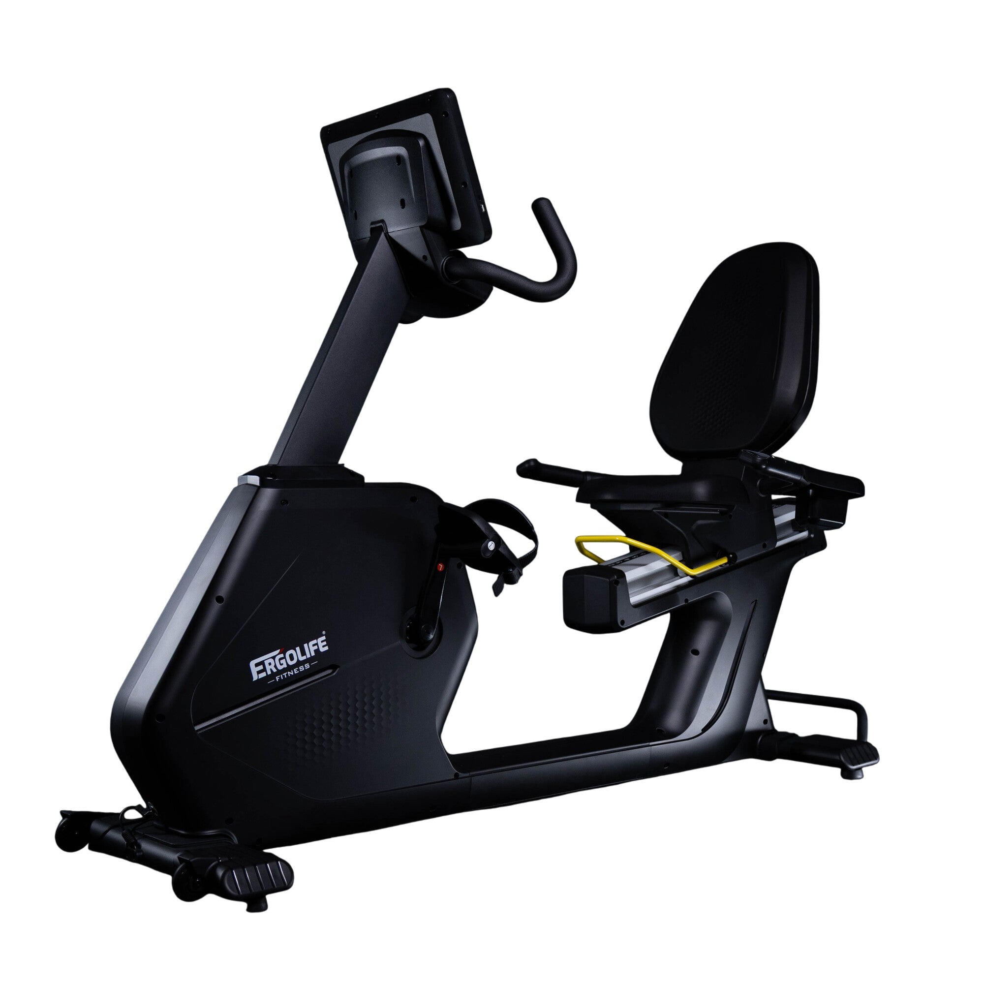 ERGOLIFE BR201E recumbent exercise bike with ergonomic seat, LCD console, and 24-level magnetic resistance