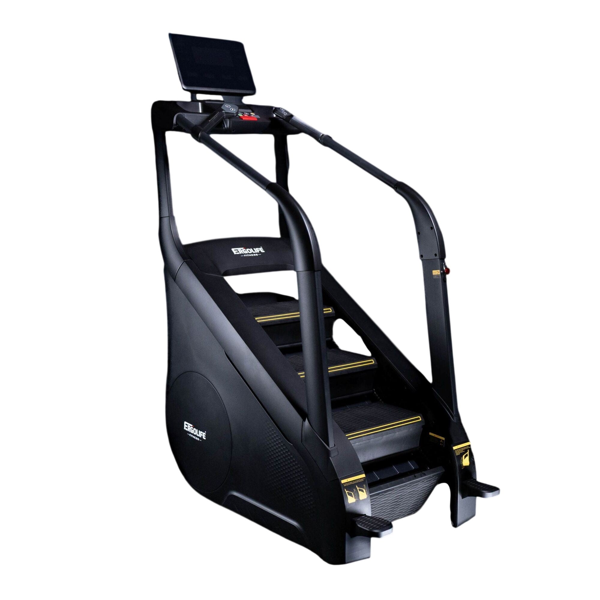 ERGOLIFE CS201ES adjustable resistance stair climber with touchscreen display and commercial-grade frame shown from a front angle view