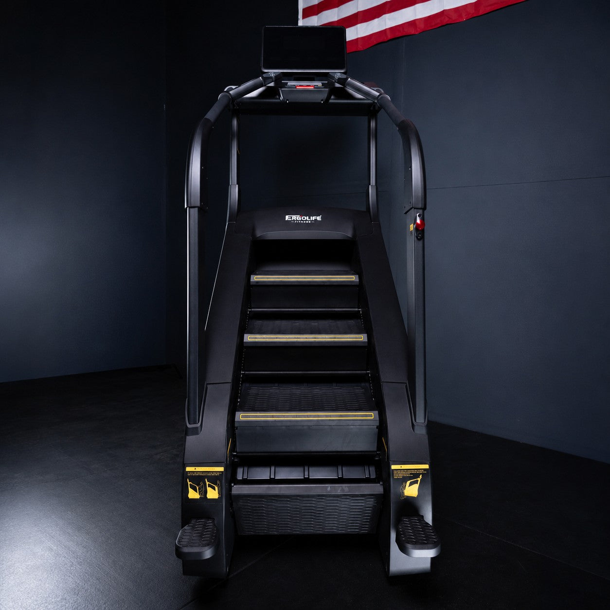 ERGOLIFE CS201ES adjustable resistance stair climber with touchscreen display shown from the front view