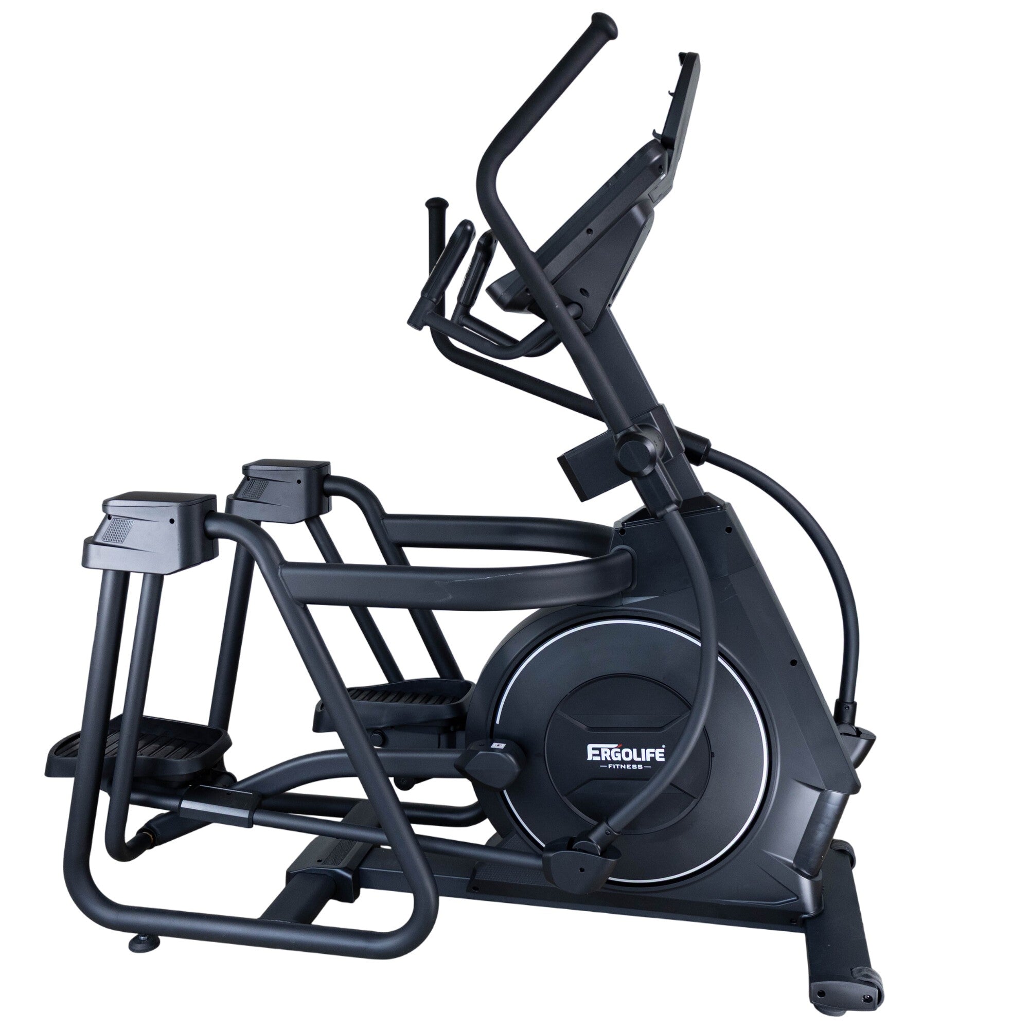 Side view of the ERGOLIFE CT51 elliptical featuring magnetic resistance, moving handlebars, LCD console, and oversized foot pedals
