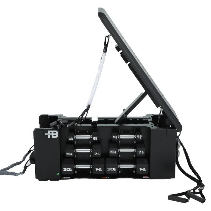 FITBENCH One NXT Gen adjustable workout bench open showing built-in dumbbell storage