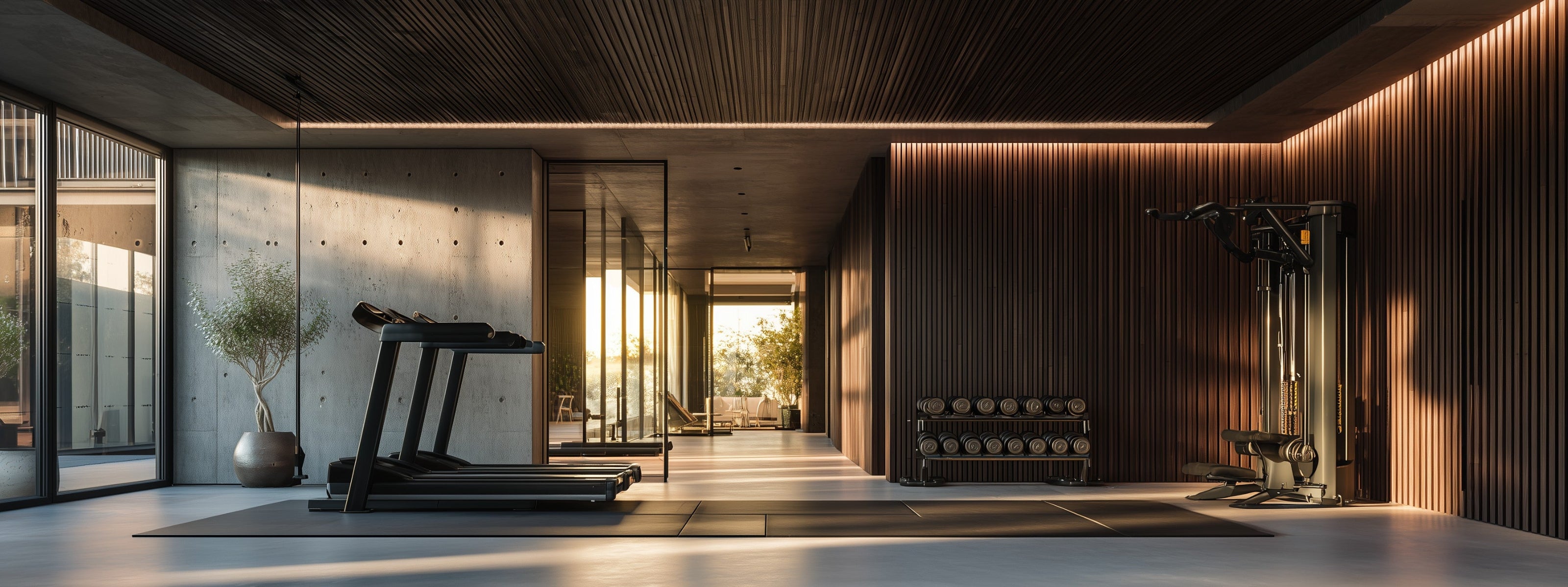 Modern luxury home gym with treadmill, dumbbells, and strength training equipment designed for a premium wellness-focused home by Health Equipped Home