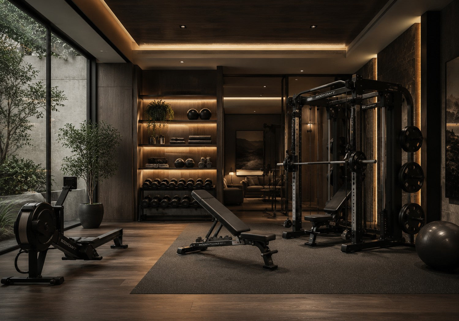 Luxury modern home gym with premium strength and cardio equipment, warm ambient lighting, and upscale wellness-focused interior design by Health Equipped Home