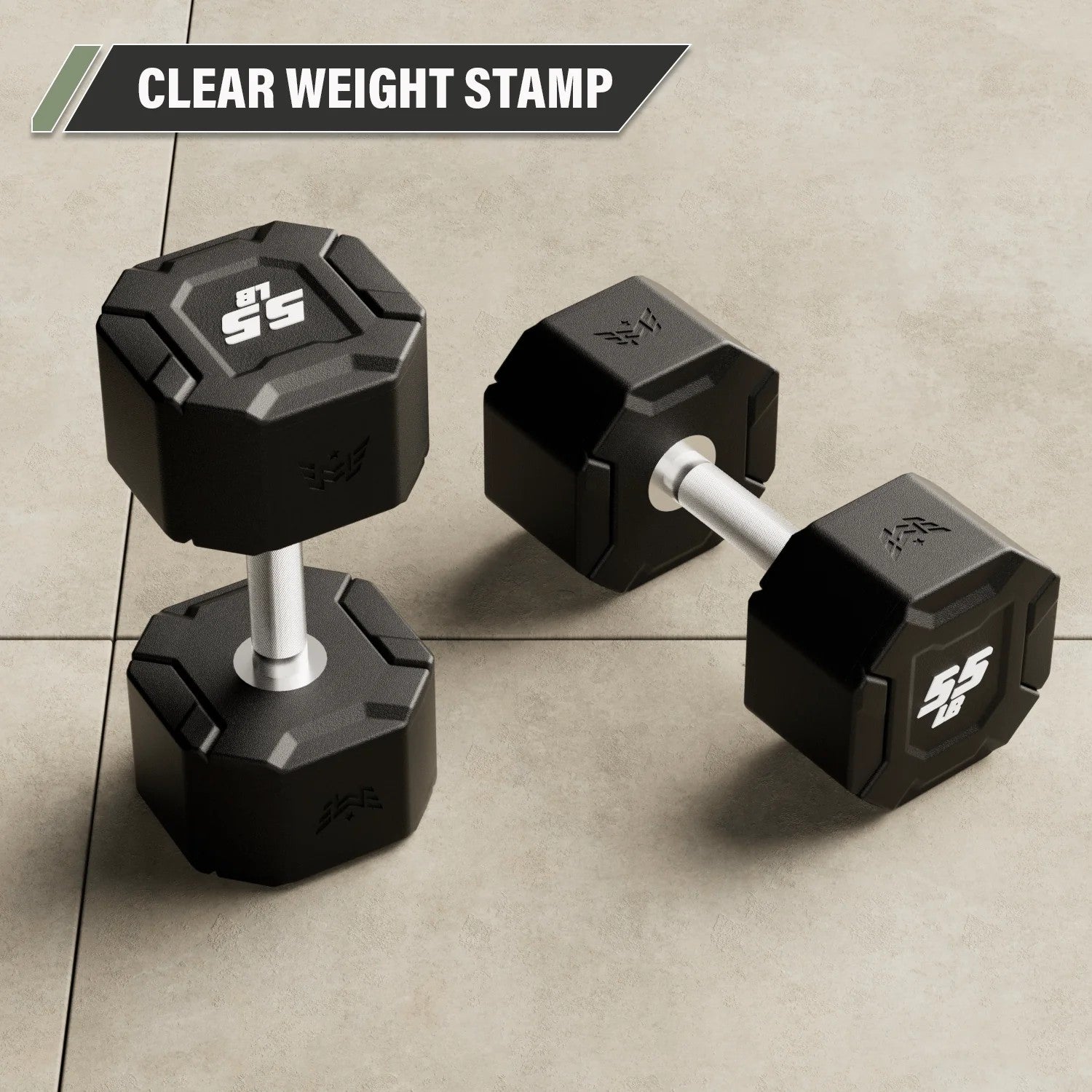 Major Fitness urethane octagonal shield dumbbells with clear high-contrast weight markings for quick weight identification