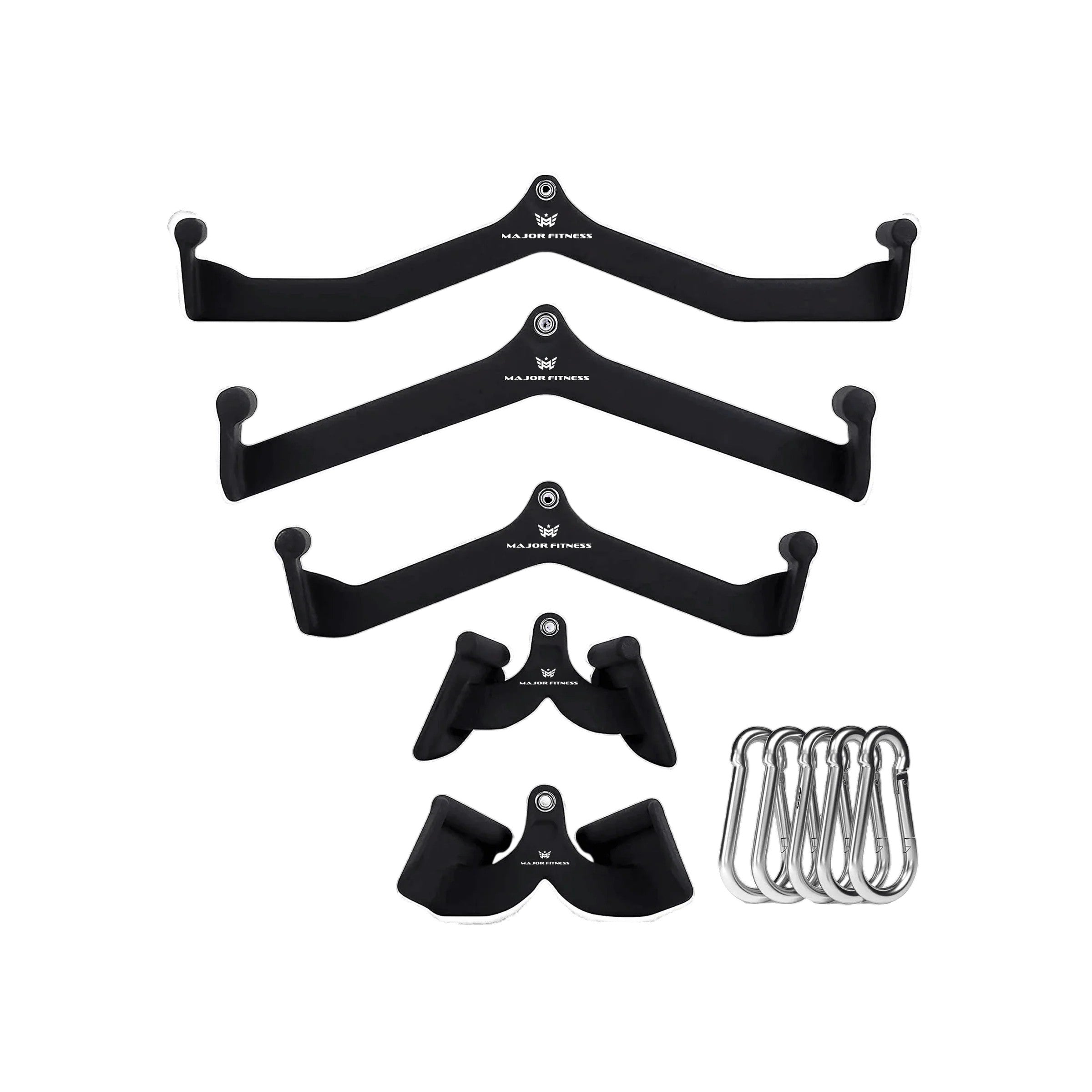 Major Fitness 5-Piece Lat Pulldown Attachment Combo Set with wide grip bars, neutral grip handles, and carabiner clips for cable machine training