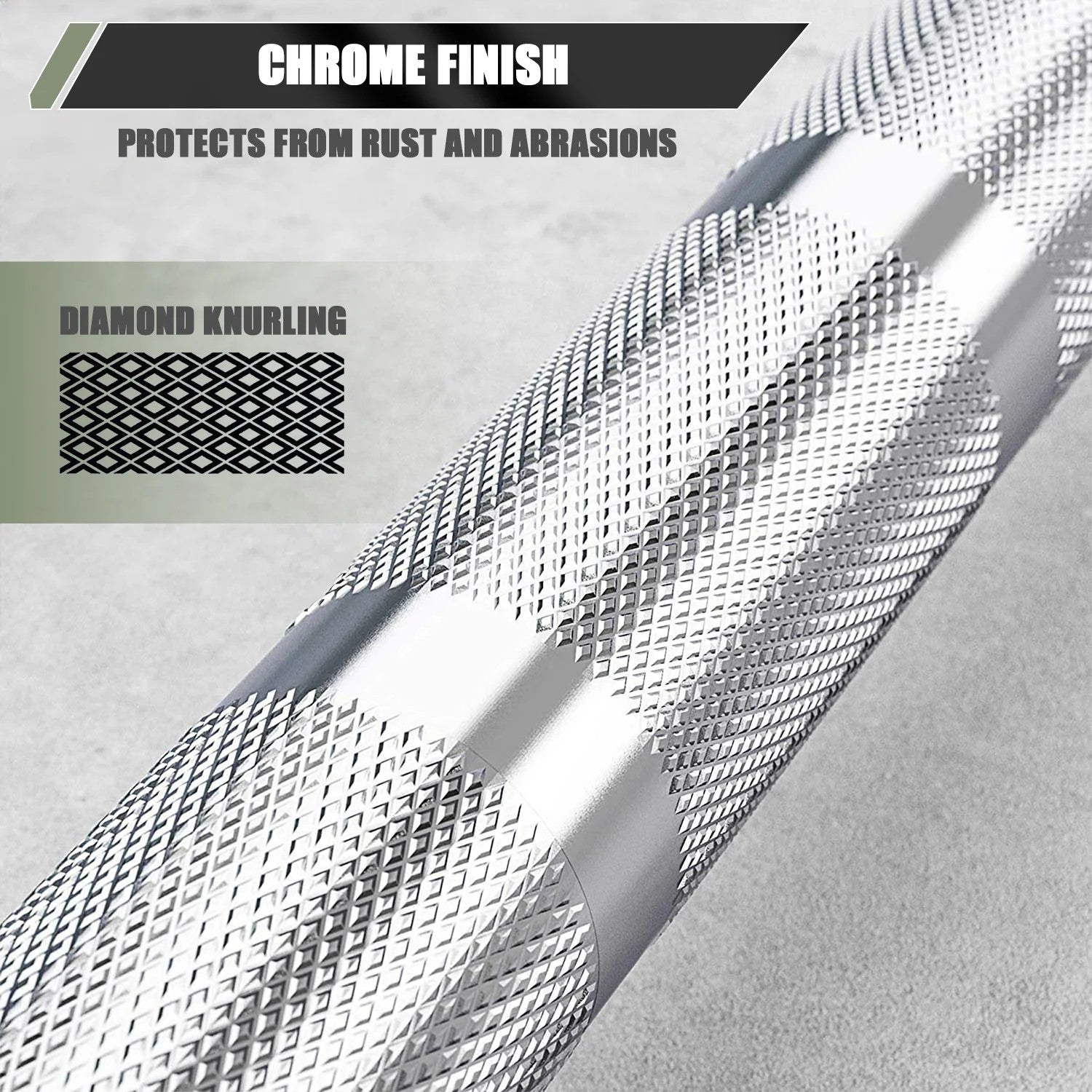 Close up of Major Fitness Olympic barbell diamond knurling with chrome finish for secure grip and durability