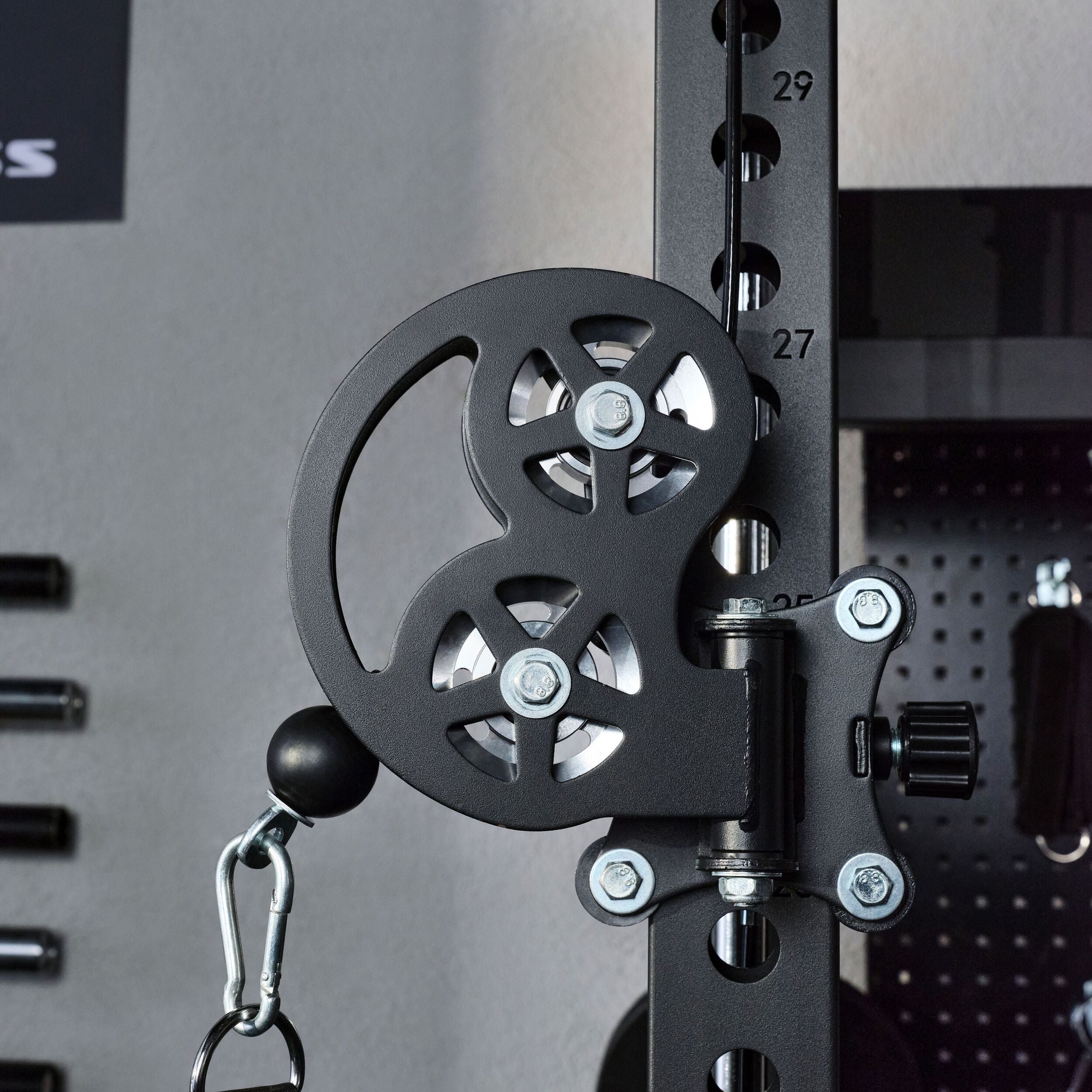 Close up of the adjustable pulley and cable system on the Major Fitness B52 Pro all in one smith machine home gym