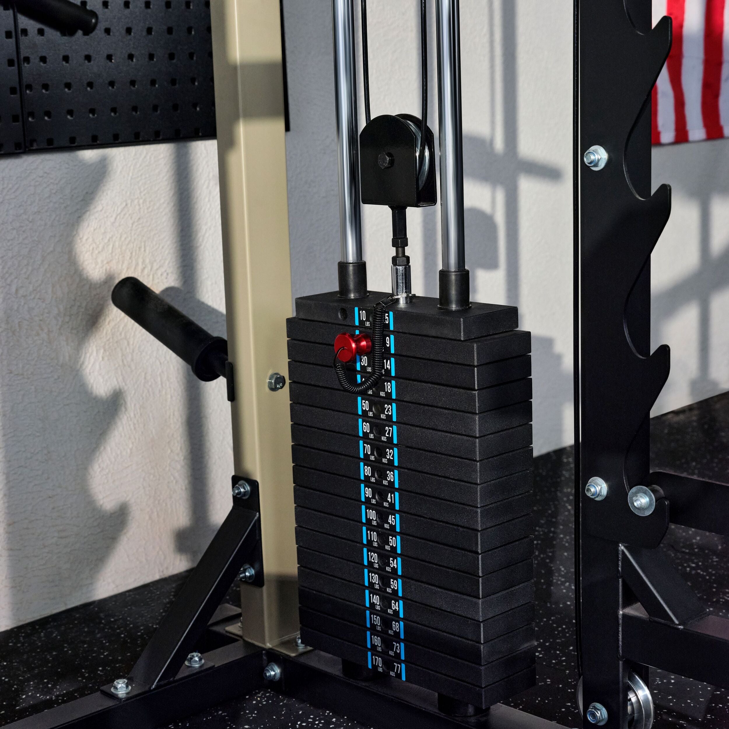Close up of the dual weight stack pulley system on the Major Fitness B52 Pro all in one smith machine home gym