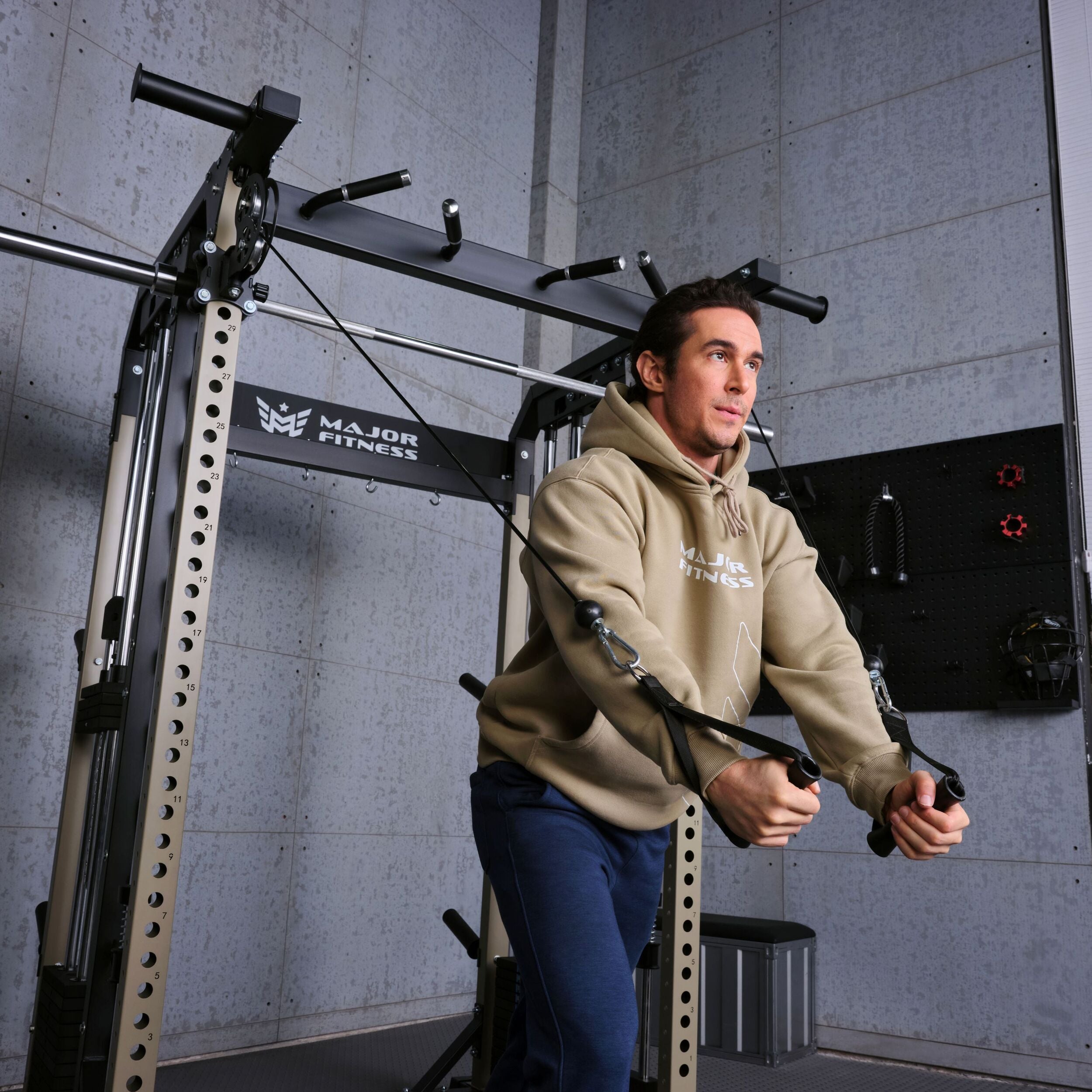 Athlete performing cable chest fly exercise on the Major Fitness B52 Pro all in one smith machine home gym