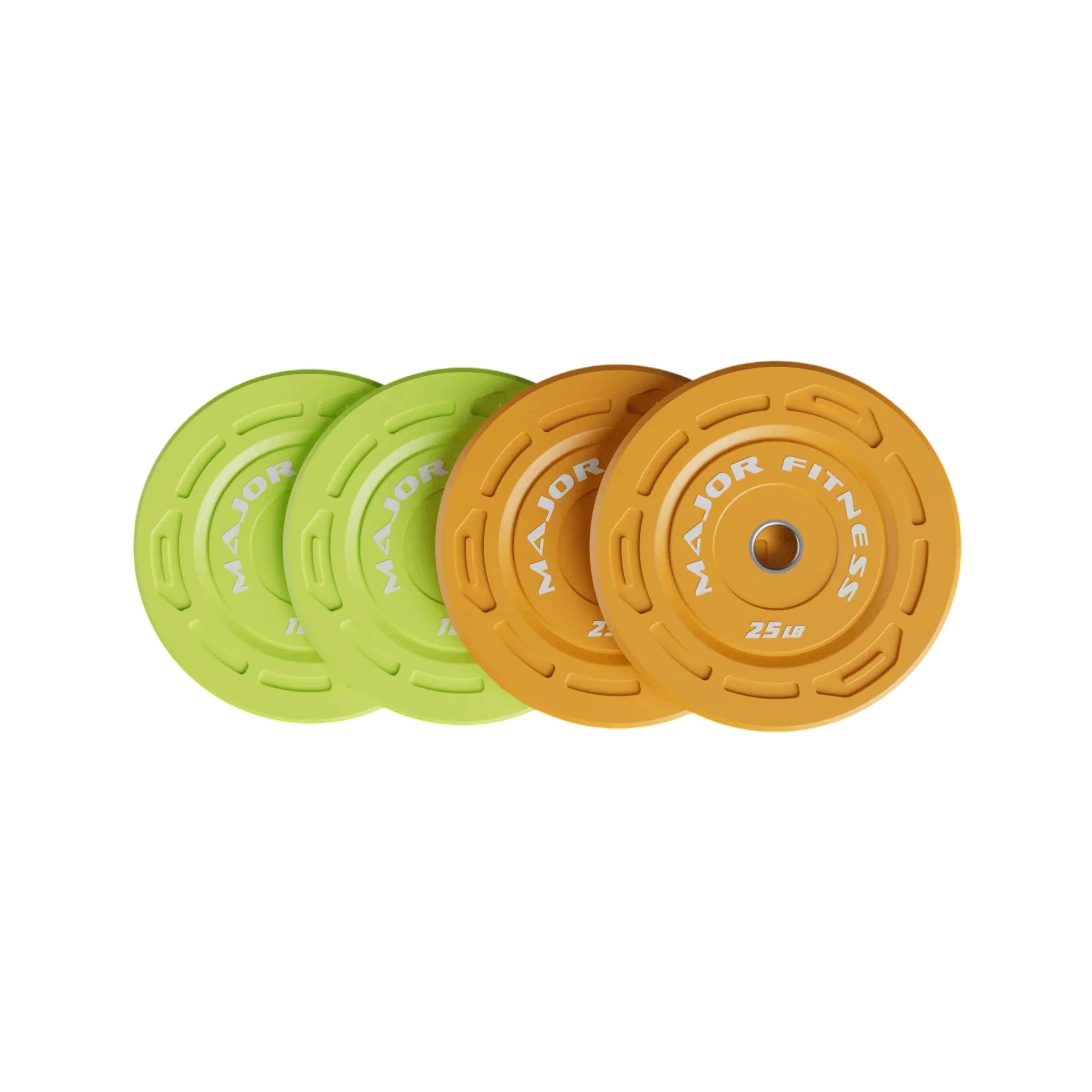 Major Fitness 70LB Color Grip Low Bounce Bumper Plate Set including two 10LB and two 25LB Olympic weight plates