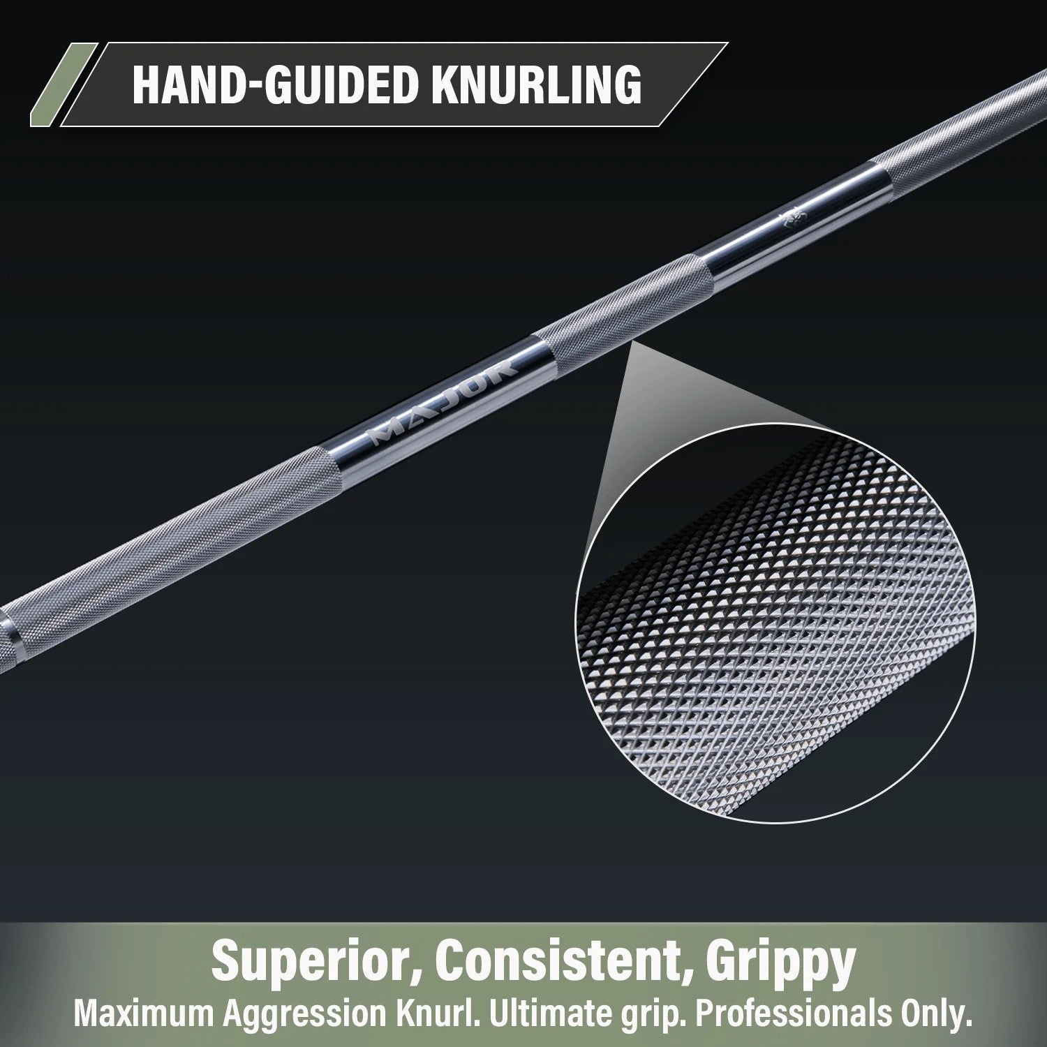 Major Fitness Heritage Series Power Bar showing aggressive hand guided knurling pattern designed for maximum grip and powerlifting performance