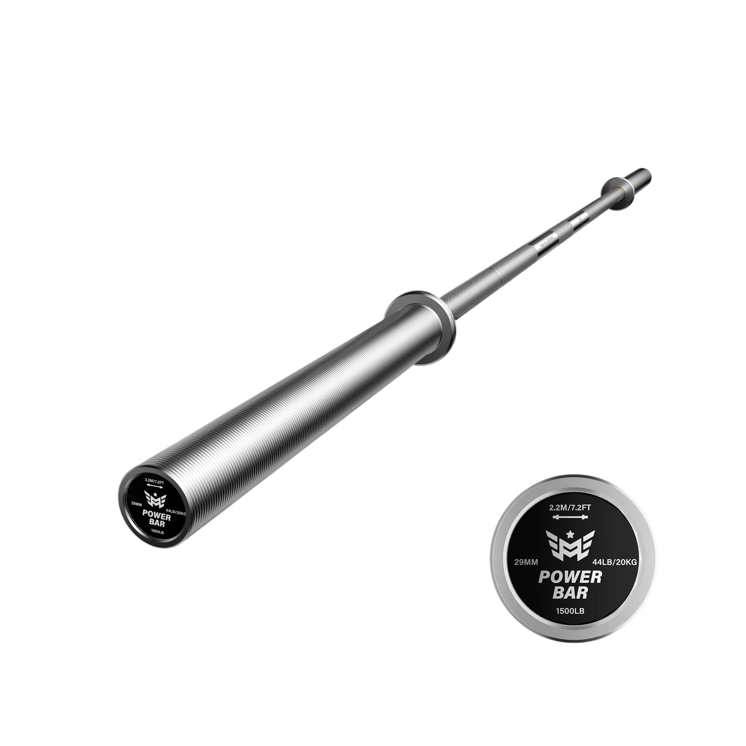 Major Fitness Heritage Series Power Bar showing angled view with aggressive knurling, 29mm shaft, chrome sleeves, and powerlifting specifications