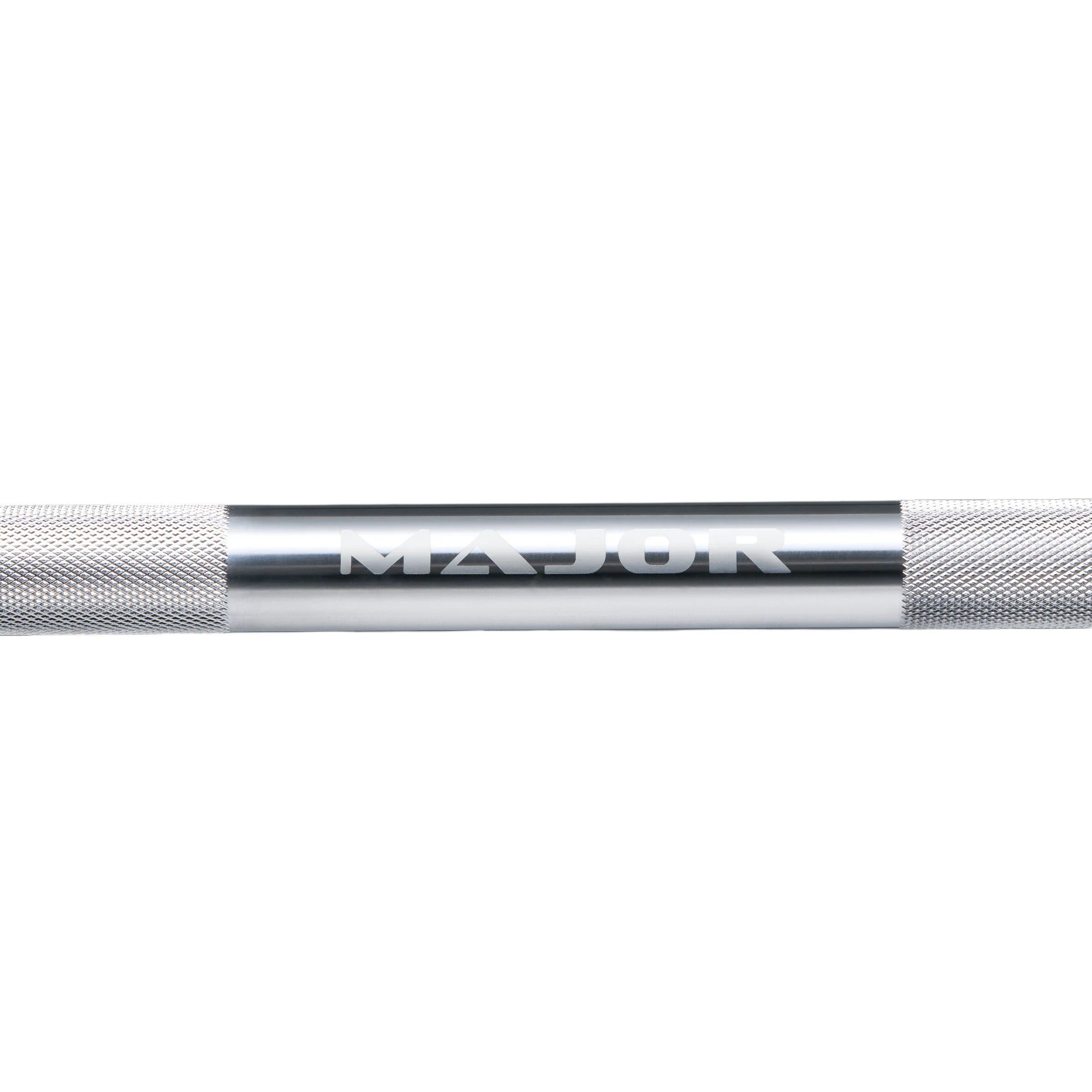 Major Fitness Heritage Series Power Bar showing center knurling and shaft branding detail with aggressive powerlifting knurl pattern
