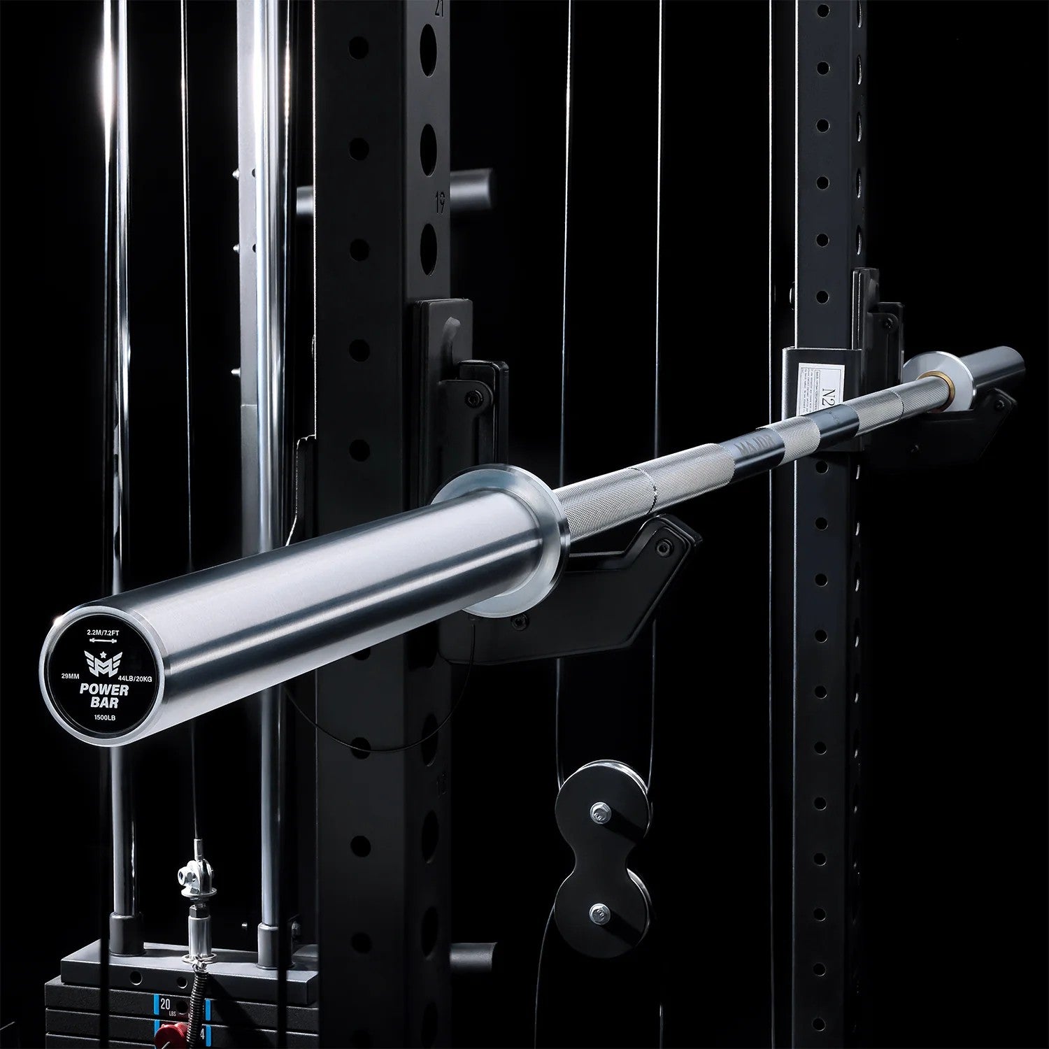 Major Fitness Heritage Series Power Bar mounted on power rack showing aggressive knurling, center knurl, and chrome sleeve construction