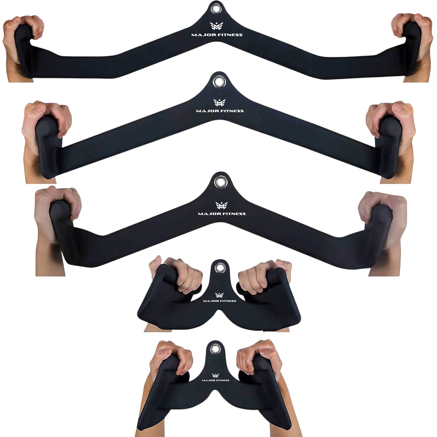 Major Fitness 5-piece lat pulldown attachment set showing wide, medium, narrow, neutral, and close grip handle positions