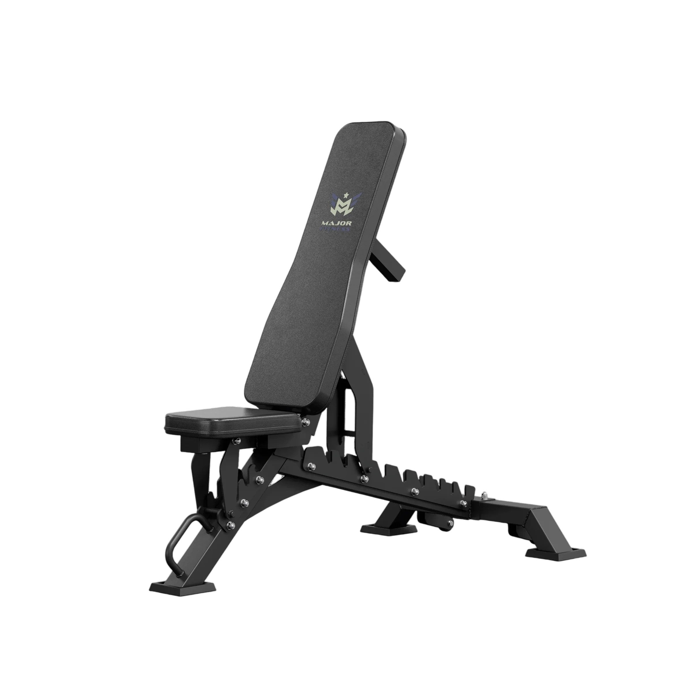 Black Major Fitness PLT01 adjustable weight bench shown in incline position for home gym strength training and dumbbell workouts