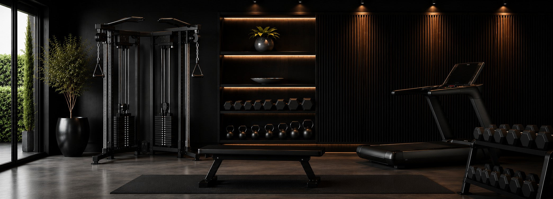 Luxury modern home gym with dual stack functional trainer, treadmill, adjustable bench, dumbbells, and kettlebells in a premium black interior space