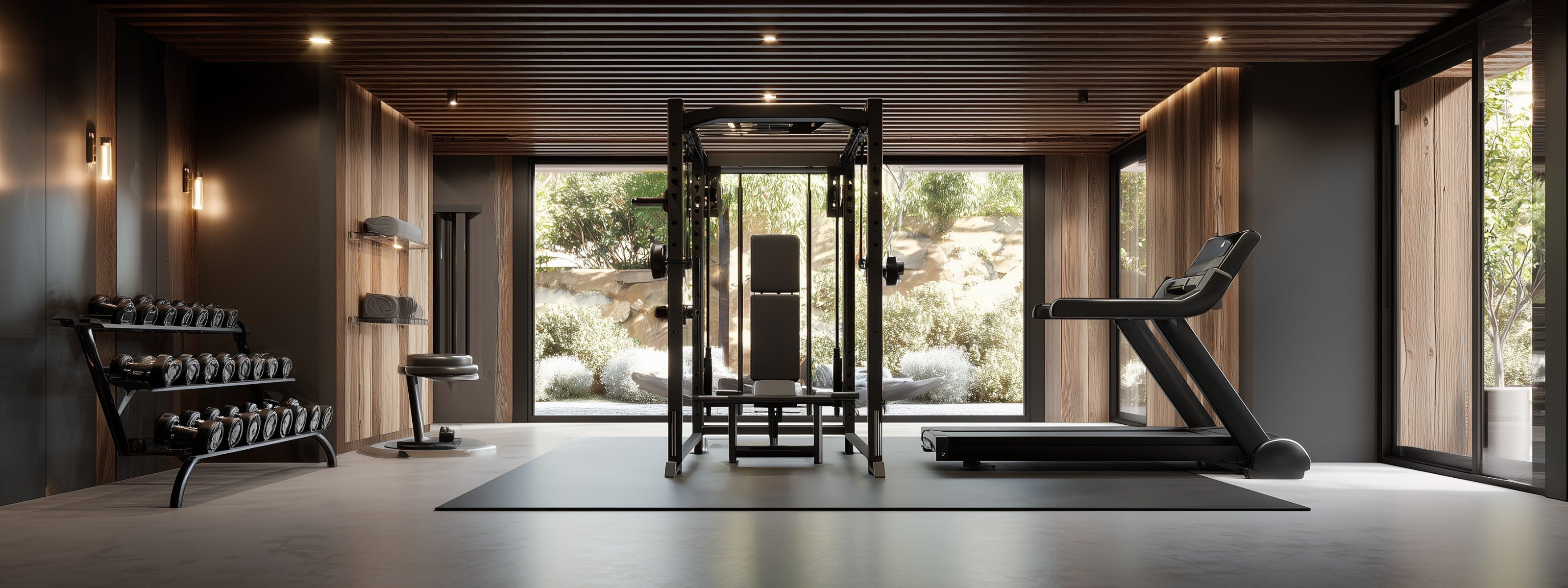 Modern luxury home gym with treadmill, dumbbell rack, and multifunction strength equipment by Health Equipped Home