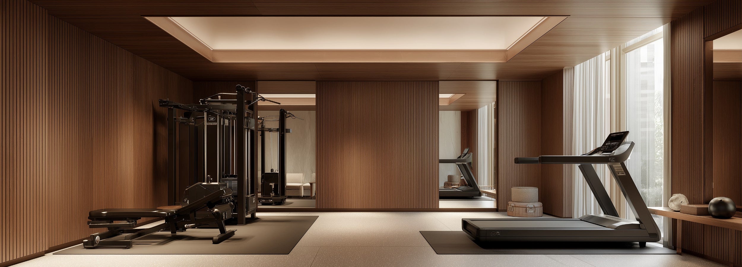 Premium home fitness room with treadmill, cable machine, and modern wellness-focused gym design by Health Equipped Home