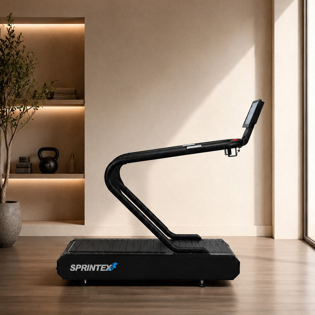 Side view of the Sprintex Z30 premium slat belt treadmill in a modern home gym, featuring a self-powered curved slat belt for a natural running experience