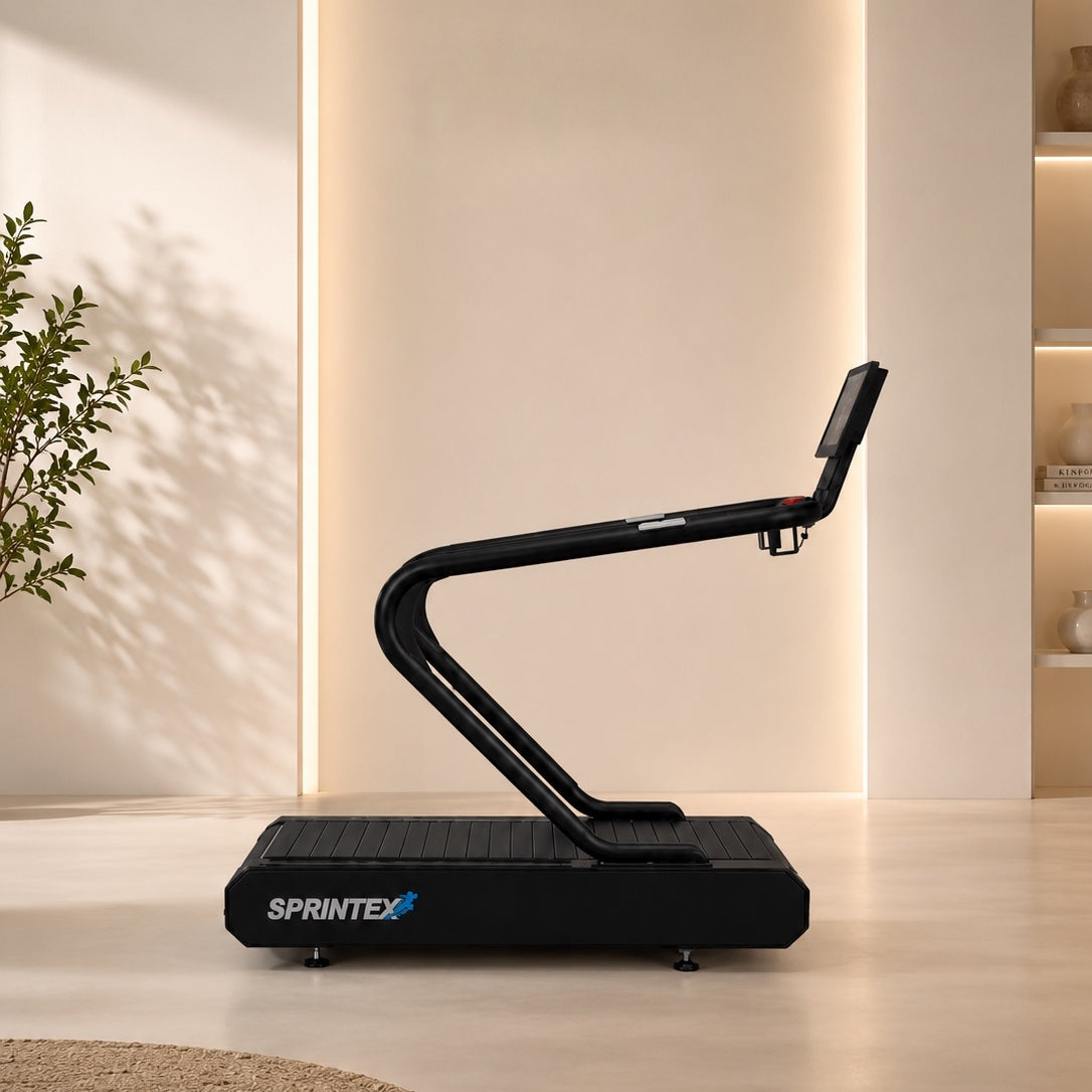 Side profile of the Sprintex Z30 premium slat belt treadmill in a modern home gym with a self-powered curved running surface