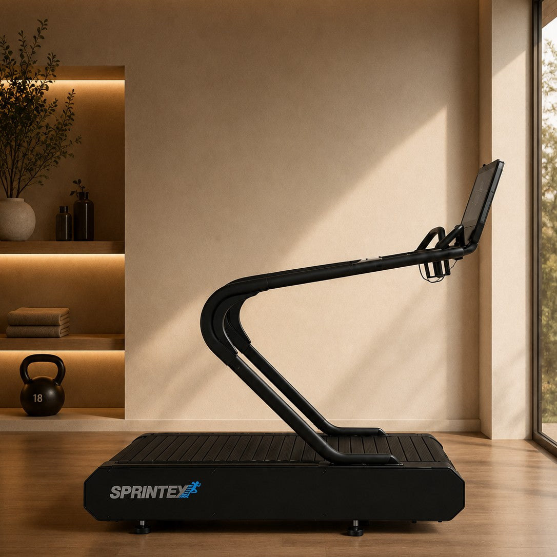 Side view of the Sprintex Z50 premium slat belt treadmill in a modern home gym featuring integrated biofeedback technology and a curved slat belt running surface