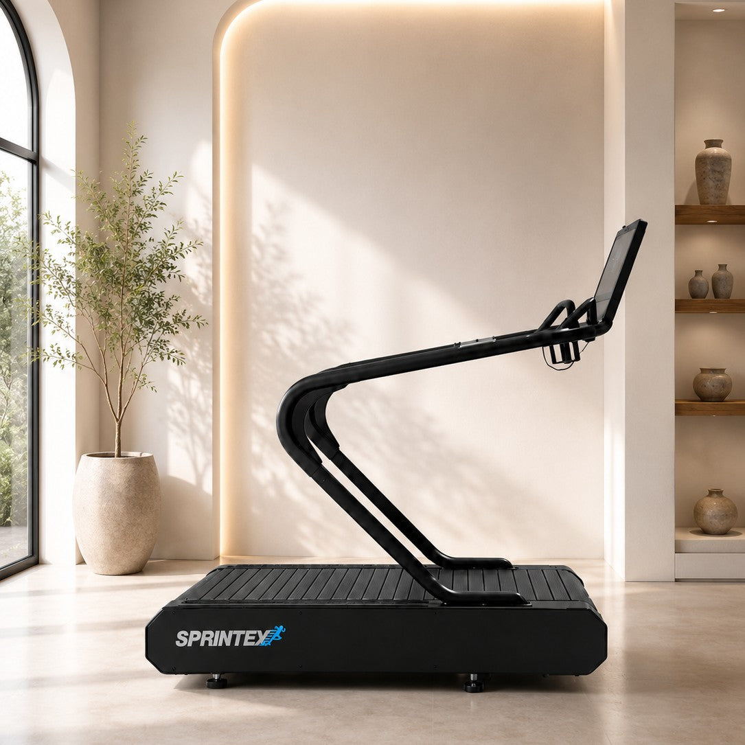Side view of the Sprintex Z70 premium slat belt treadmill in a luxury home gym featuring integrated biofeedback, Virtual Runs, and a curved slat belt running surface