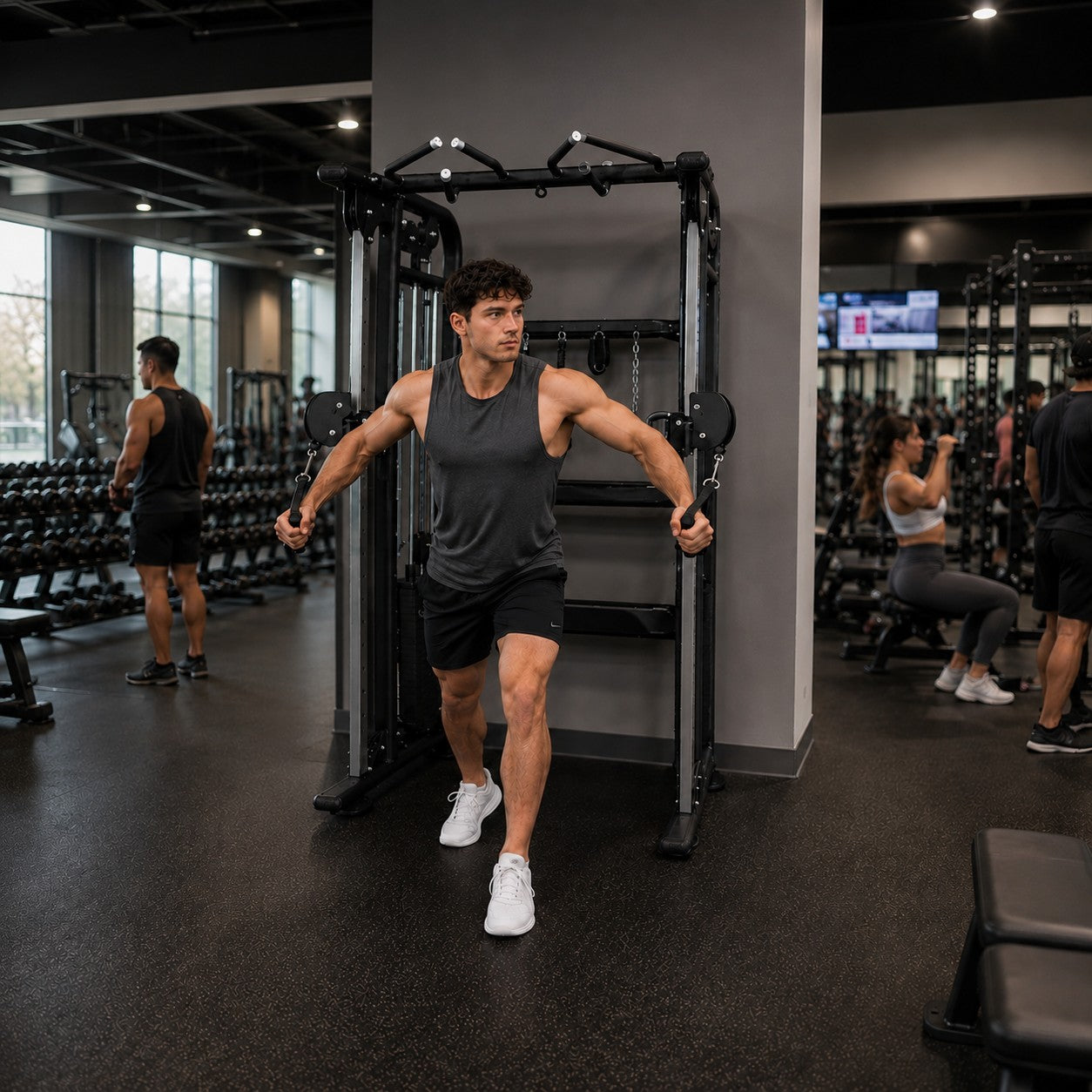 Athlete performing cable chest fly exercises on the TAG Fitness Elite Functional Trainer featuring dual 210 lb weight stacks, adjustable pulleys, and integrated storage in a commercial gym setting