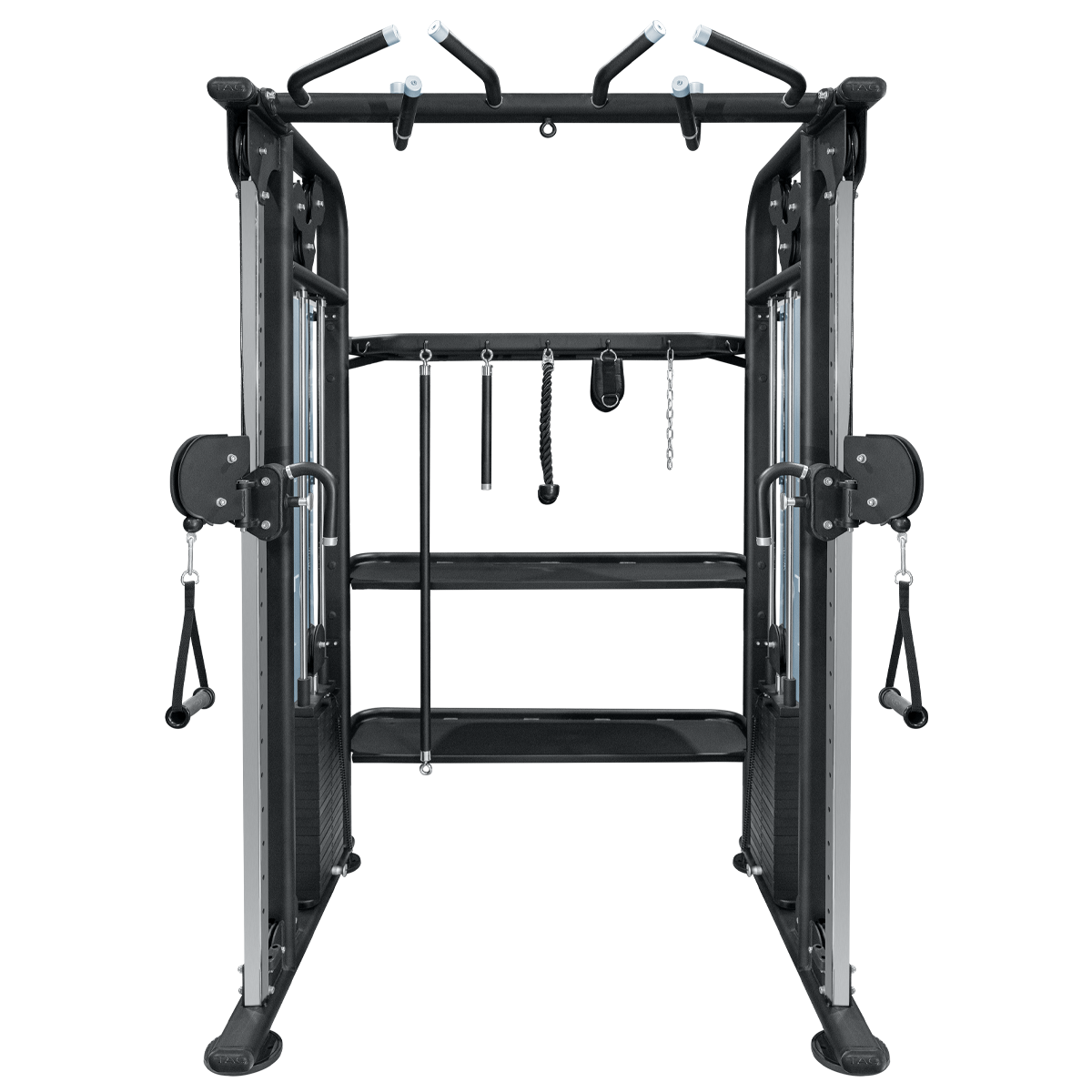 TAG Fitness Elite Functional Trainer with dual 210 lb weight stacks, adjustable cable pulleys, multi-grip pull-up bar, and integrated storage shelves