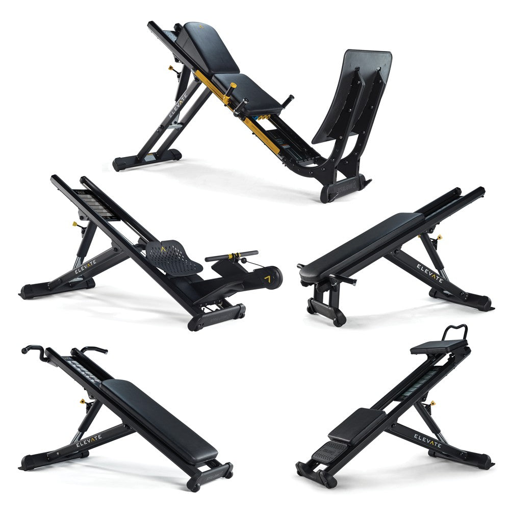 Total Gym ELEVATE Circuit 5-station commercial bodyweight training system featuring the Row ADJ, Jump, Press, Pull-Up, and Core stations