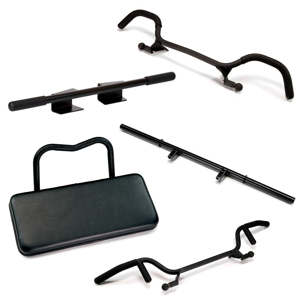 Accessories included with the Total Gym ELEVATE Encompass Strength Package including press bar, pull-up bar, squat handle, weight bar, and scrunch