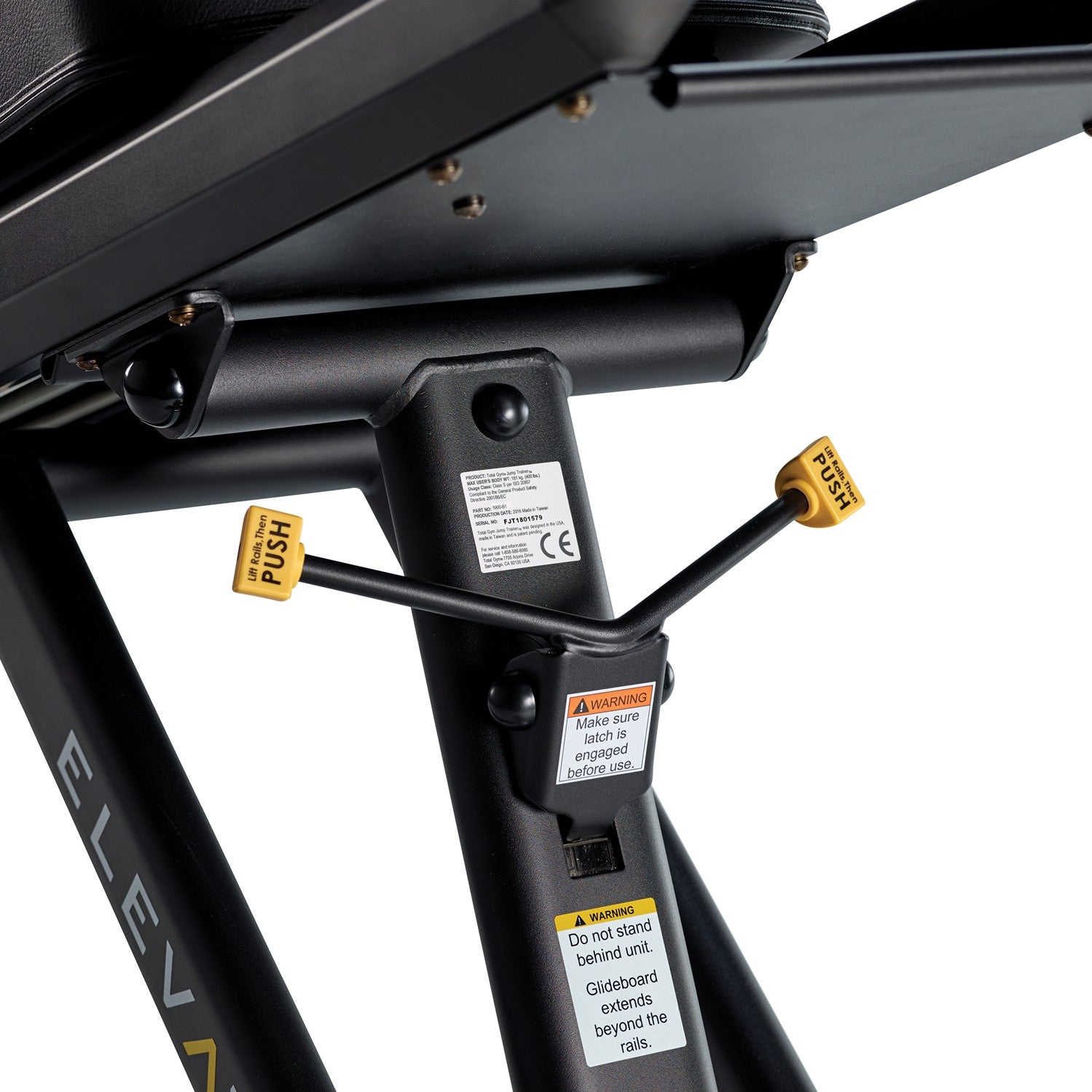 Close-up of the Total Gym ELEVATE Jump incline adjustment mechanism and resistance level adjustment system