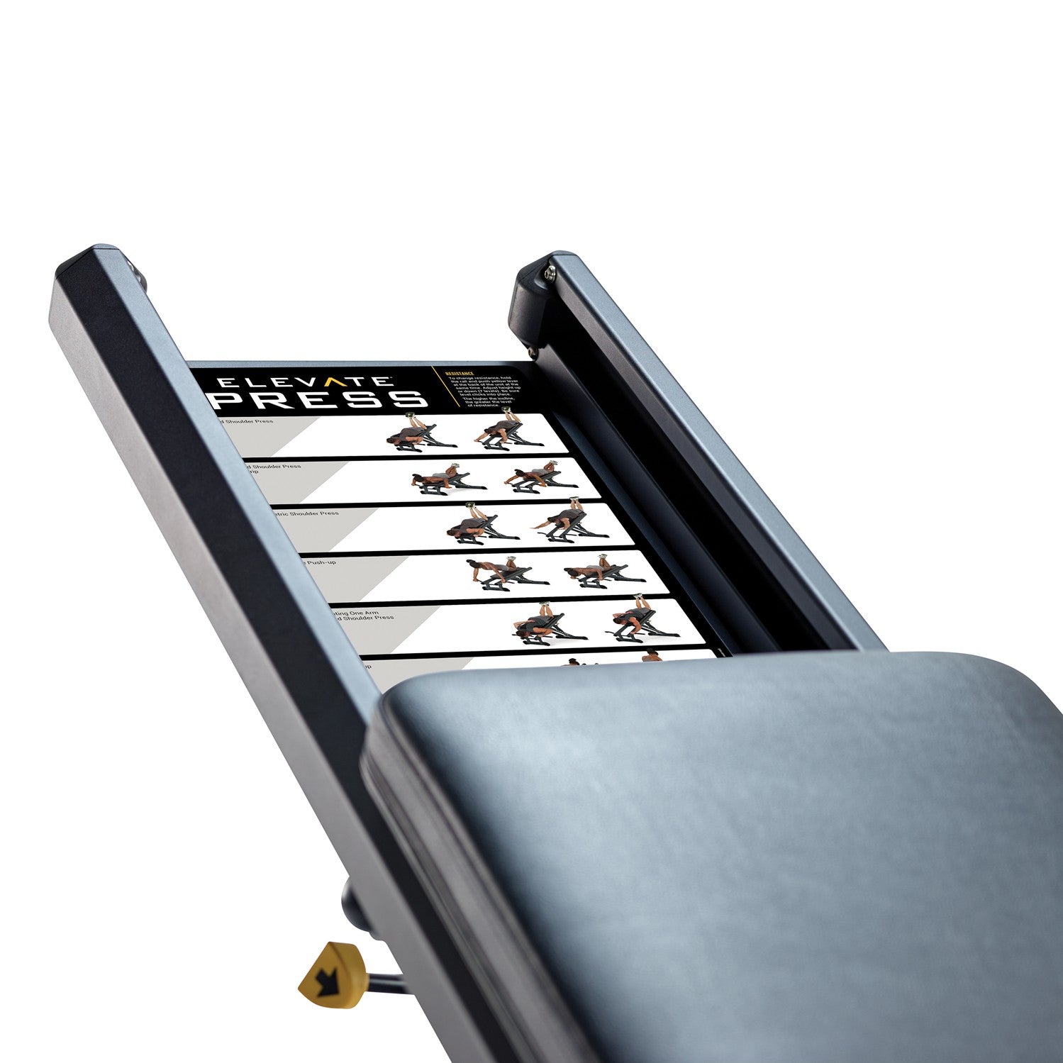 Integrated exercise guide placard on the Total Gym ELEVATE Press showing exercise variations and training positions for bodyweight resistance workouts